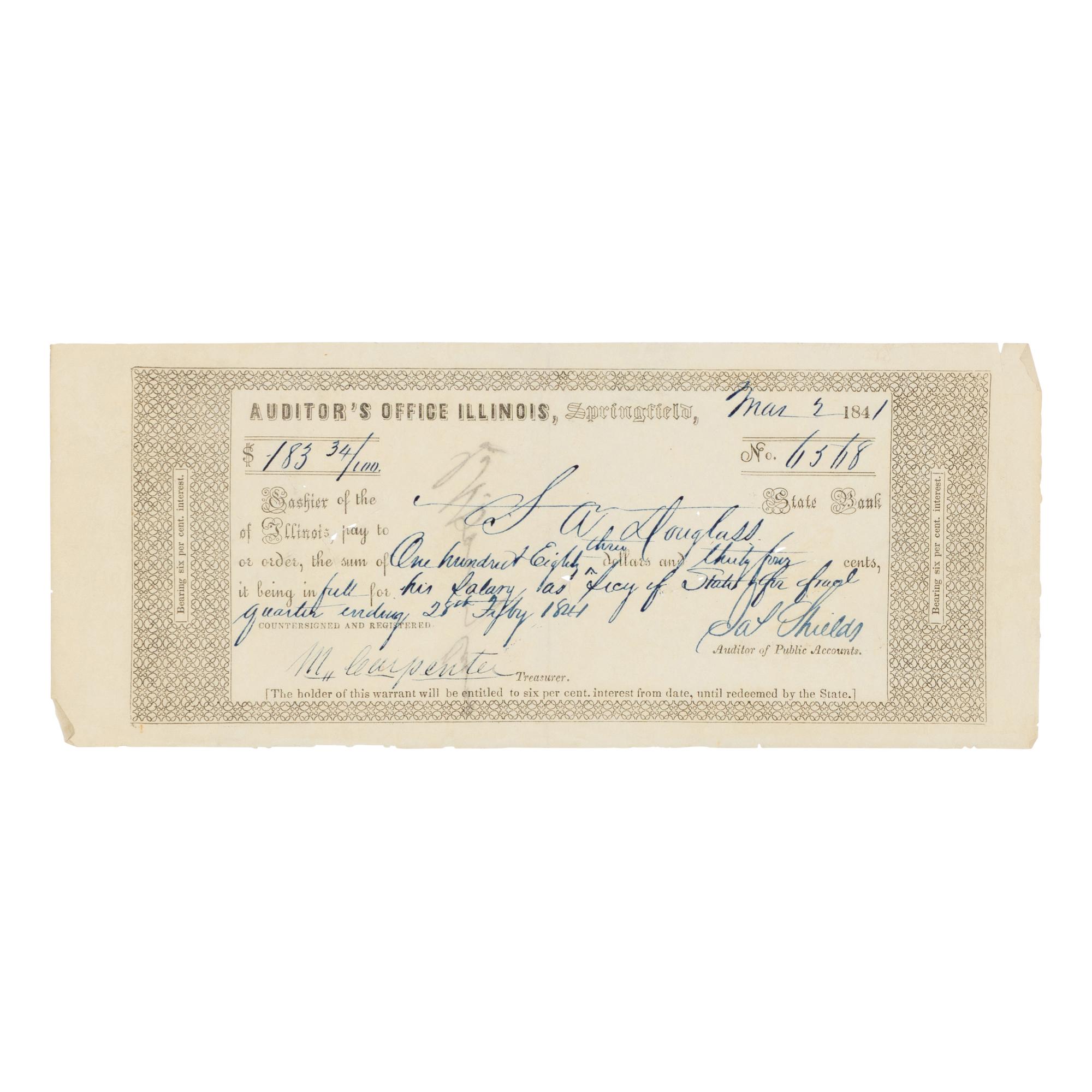 DOUGLAS, Stephen Arnold (1813-1861). A group of 14 documents and letters relating to Douglas's legal and political career, ca 1834-1857, comprising: