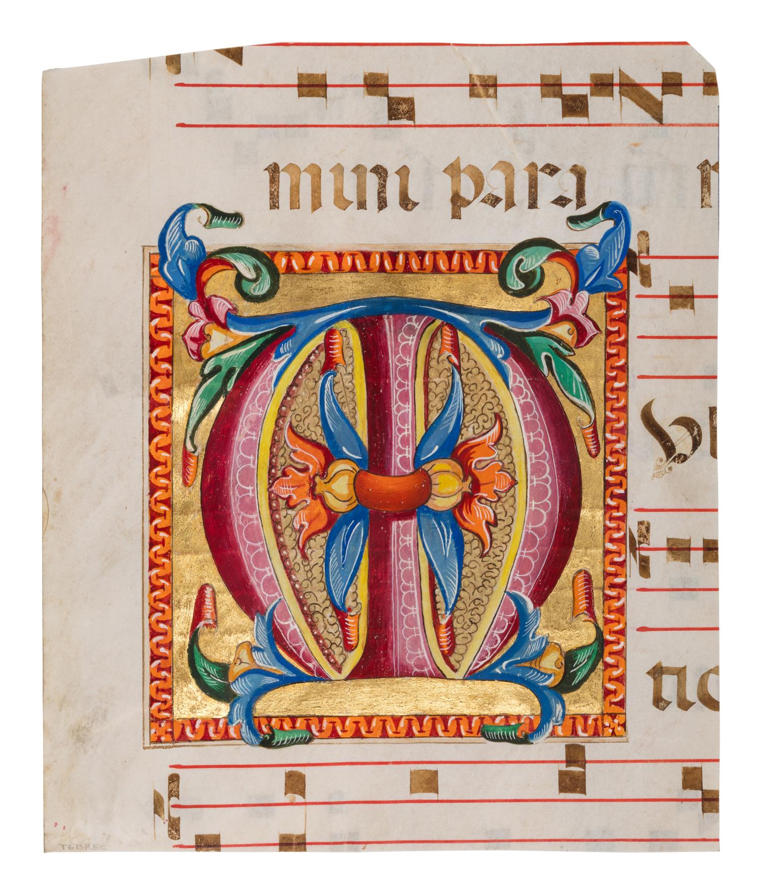 LOMBARD OR TUSCAN ARTIST A partial leaf from a Choir Book, with an illuminated initial ‘M’, in Latin, illuminated manuscript on parchment [Italy, Lombardy or Tuscany, c. 1450-1500]