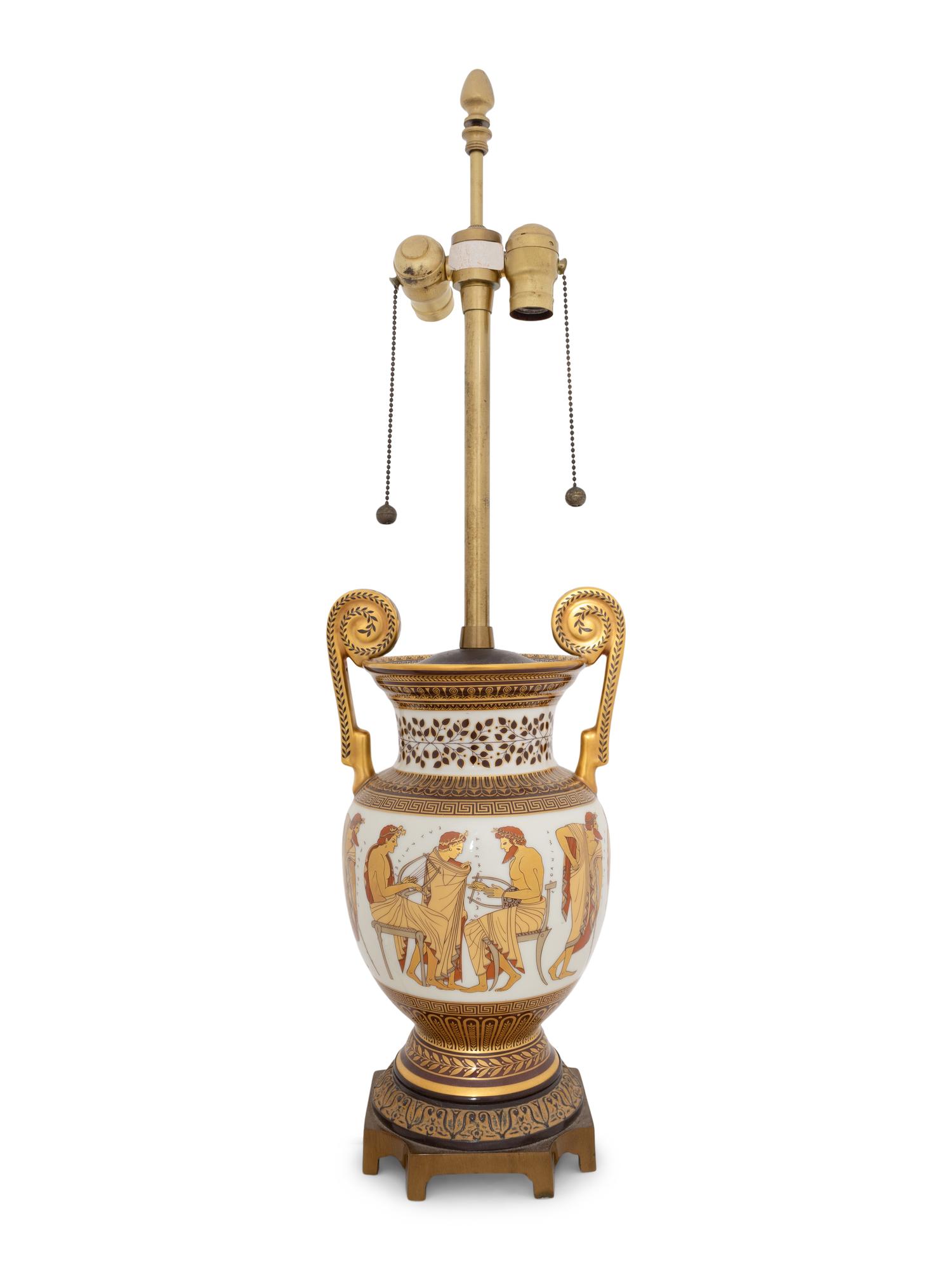 A Johann Seltmann Grecian Style Porcelain Volute Krater Lamp