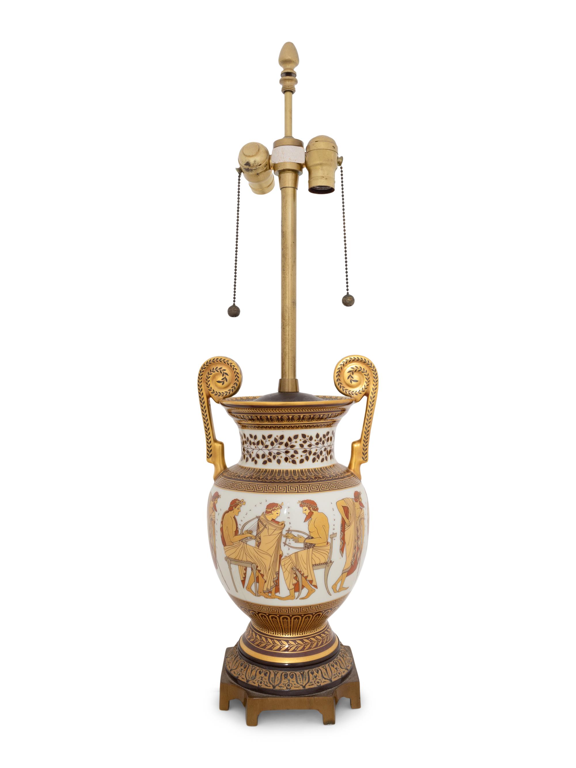 A Johann Seltmann Grecian Style Porcelain Volute Krater Lamp
