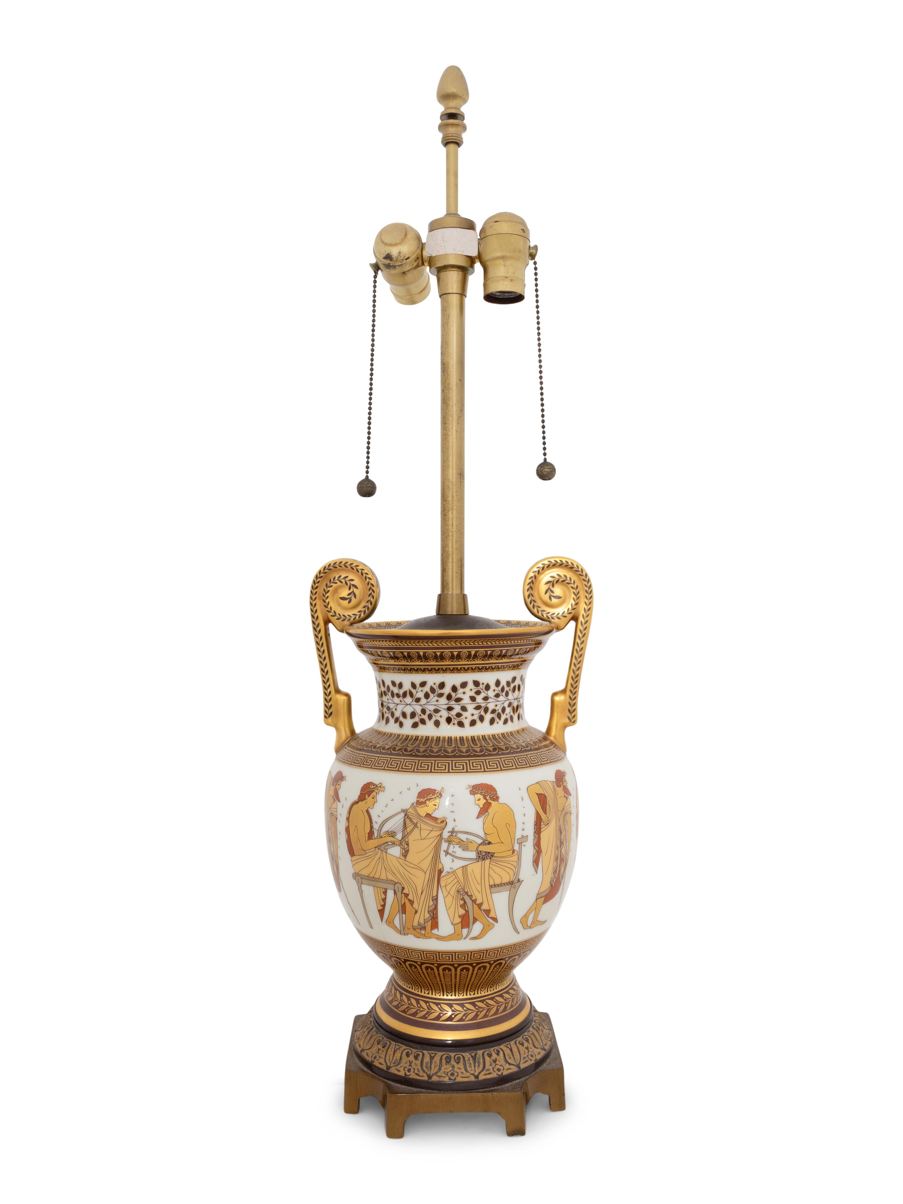 A Johann Seltmann Grecian Style Porcelain Volute Krater Lamp