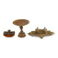 A Continental Brass Tazza, Rocker Blotter and Ink Stand