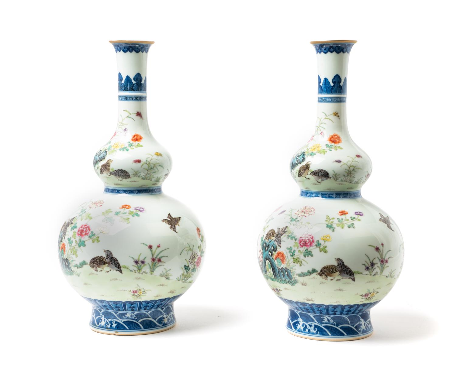 A Pair of Chinese Enameled Porcelain Double Gourd Vases