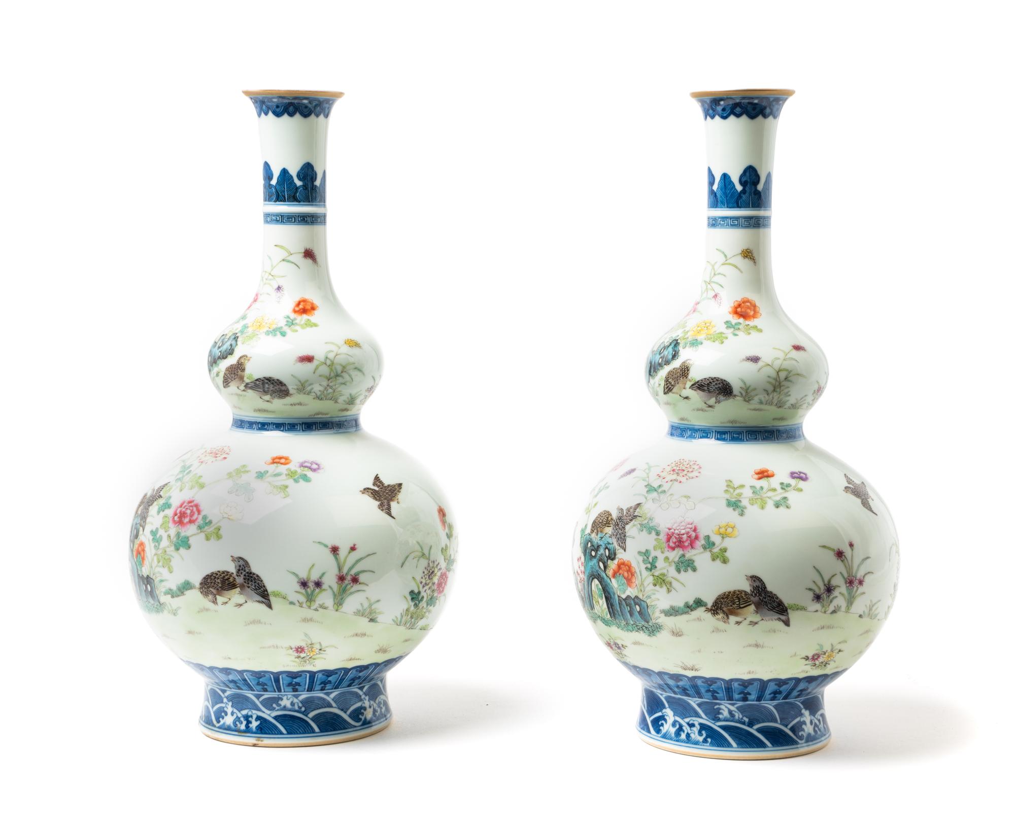 A Pair of Chinese Enameled Porcelain Double Gourd Vases