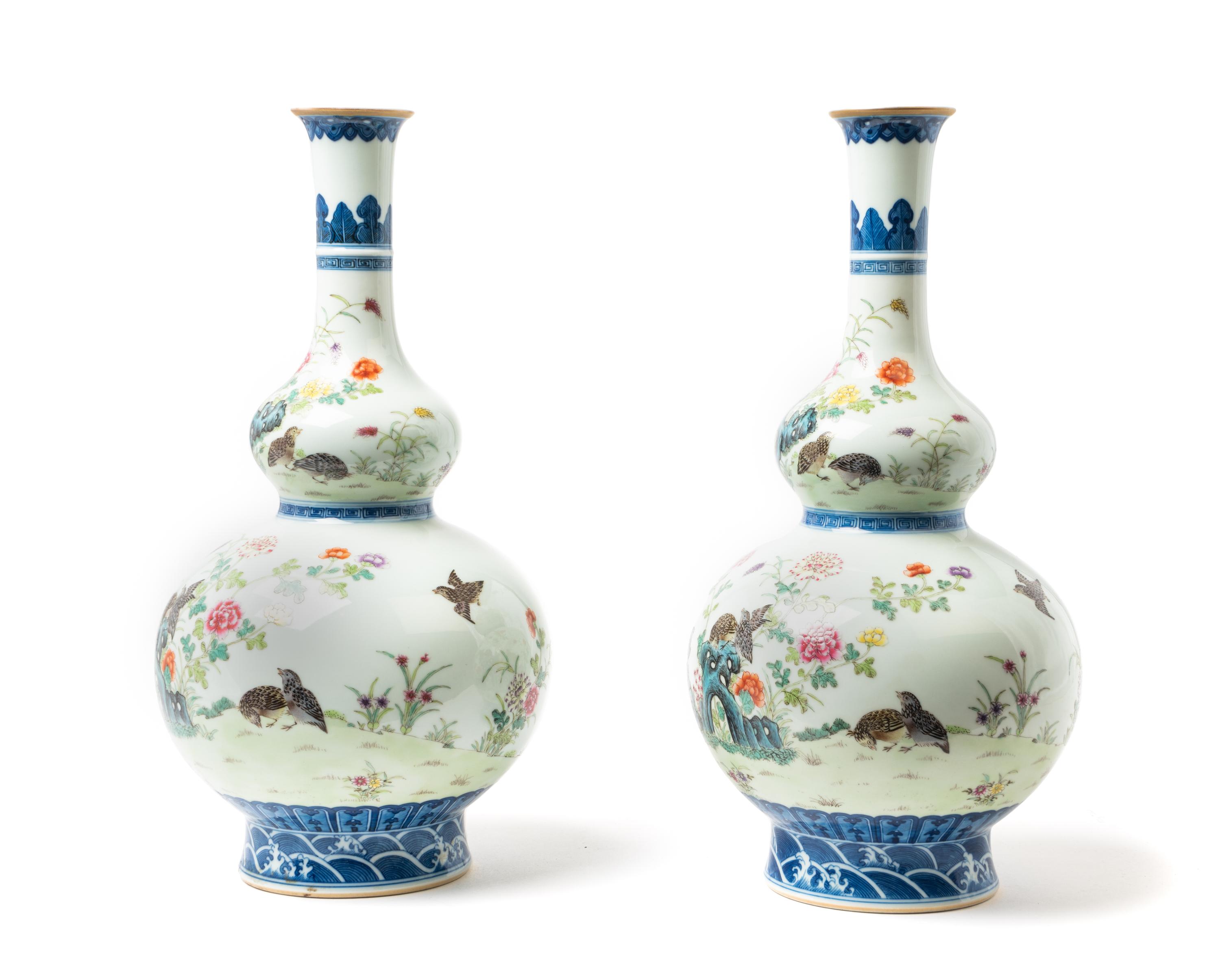 A Pair of Chinese Enameled Porcelain Double Gourd Vases
