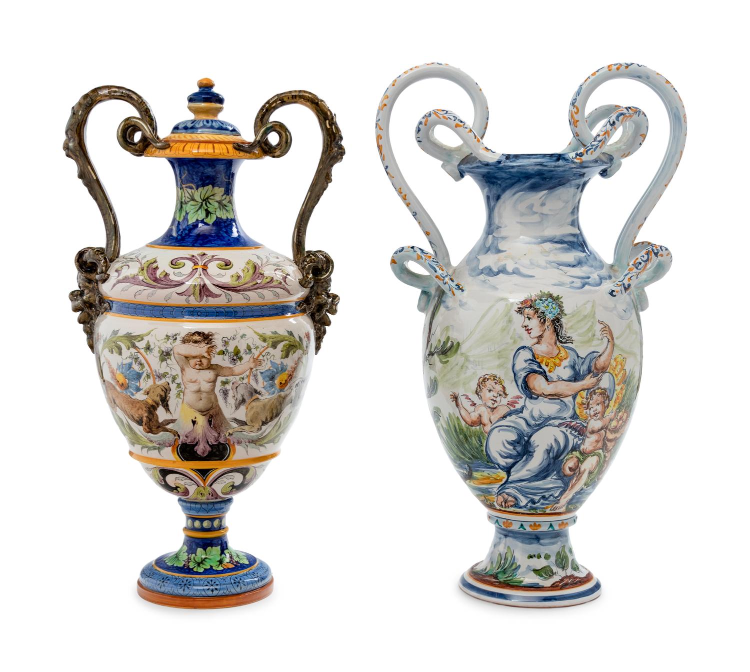 Two Italian Faïence Handled Urns