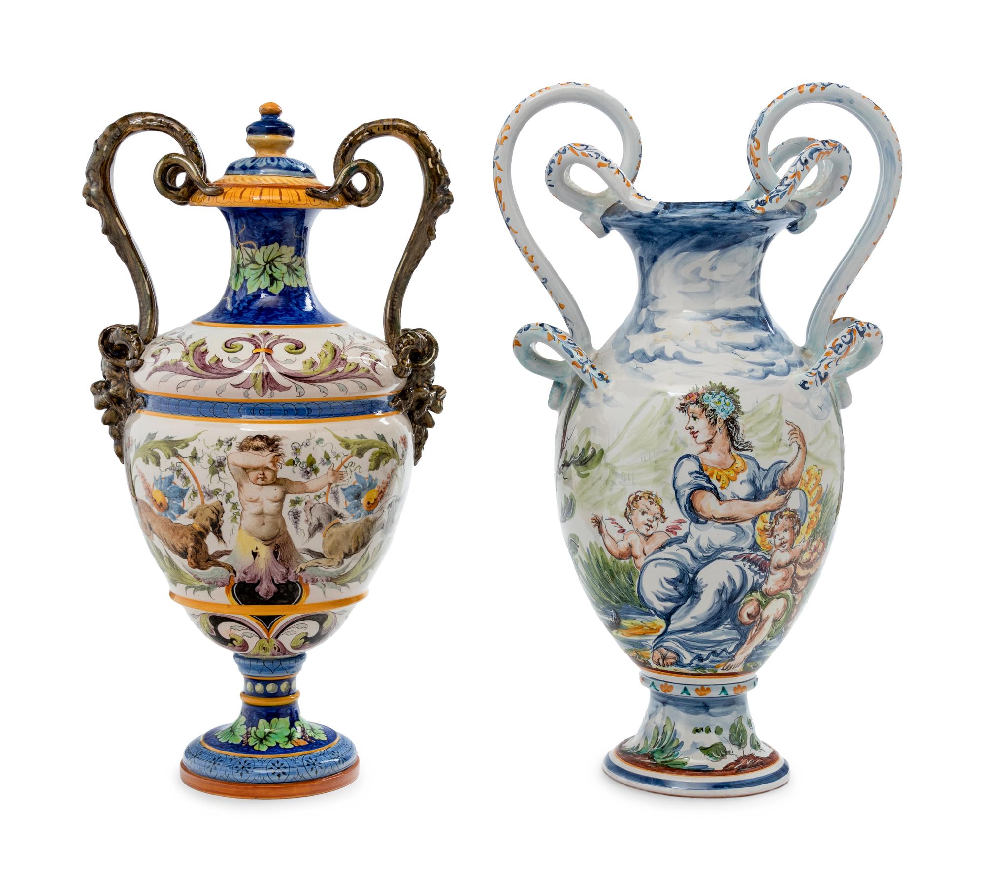 Two Italian Faïence Handled Urns
