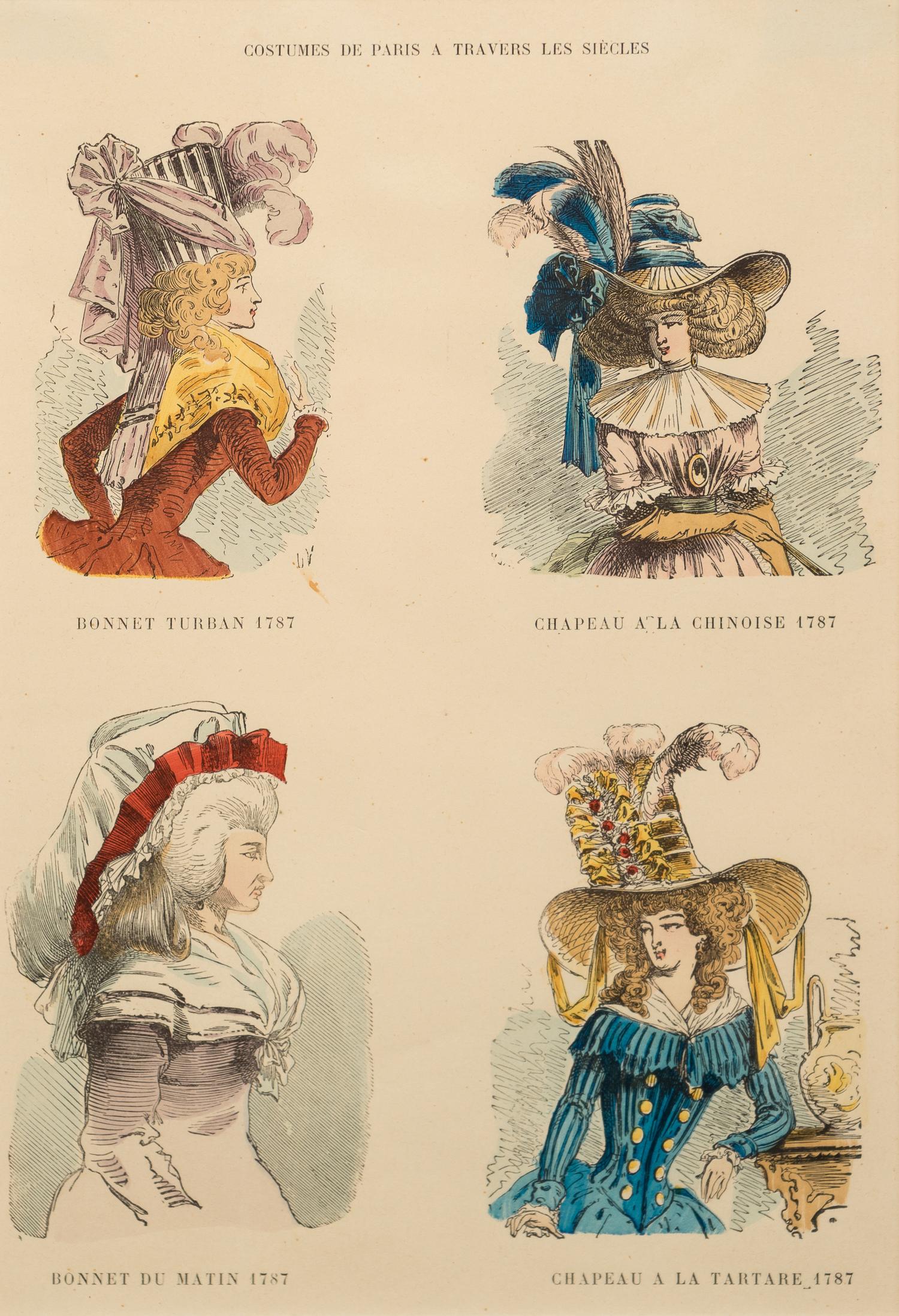 Four Framed Ladies' Costume Engravings Largest 10 1/4 x 6 3/4 inches.