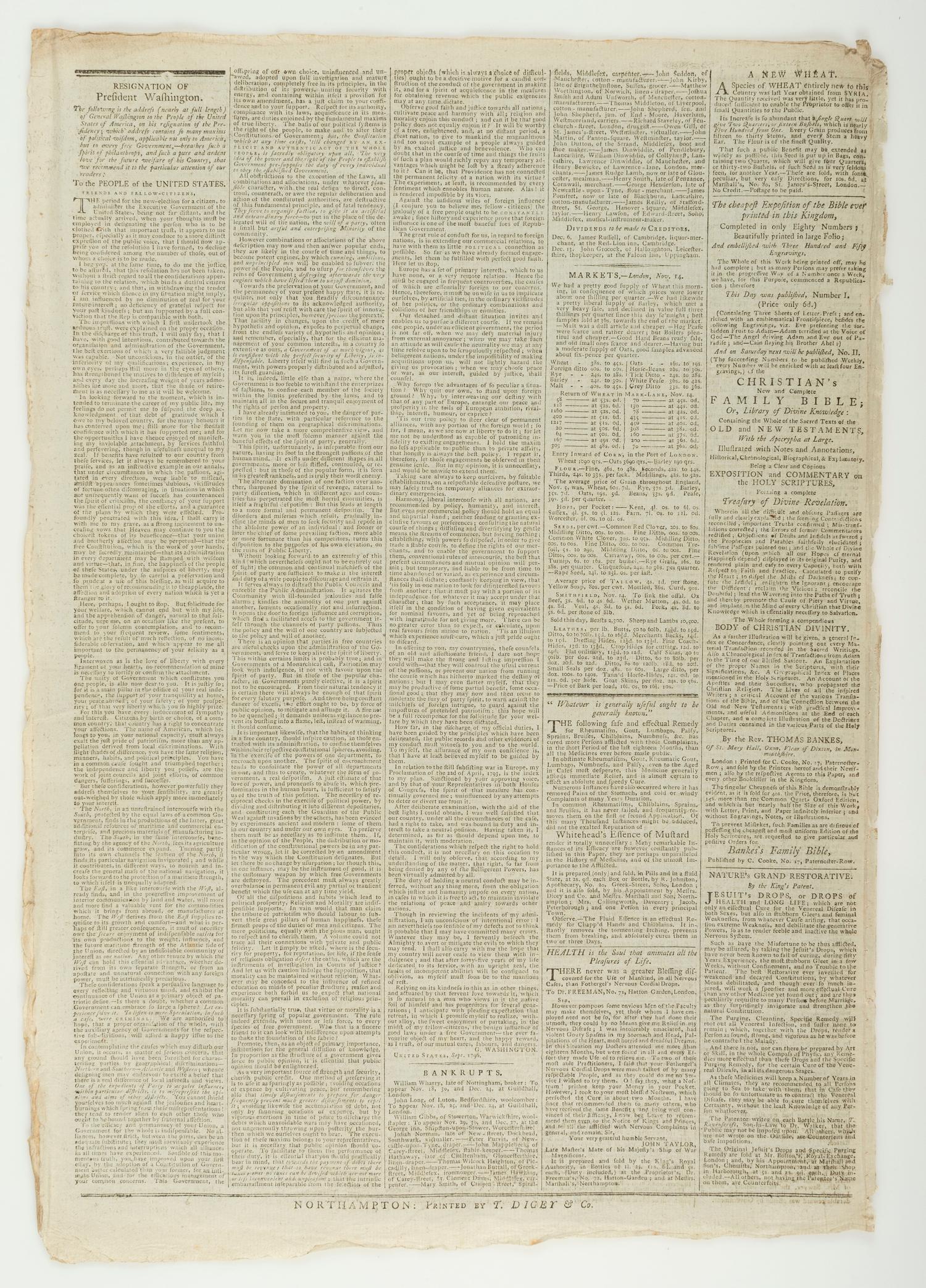 [WASHINGTON, George (1732-1799)]. The Northampton Mercury . Vol. LXXVII, No. 38. Northampton: T. Dicey & Co, 19 November 1796.