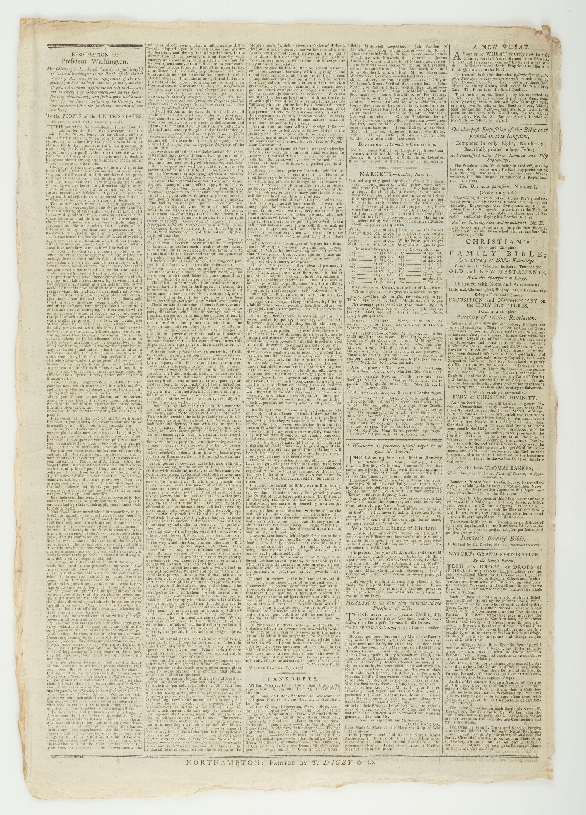 [WASHINGTON, George (1732-1799)]. The Northampton Mercury . Vol. LXXVII, No. 38. Northampton: T. Dicey & Co, 19 November 1796.