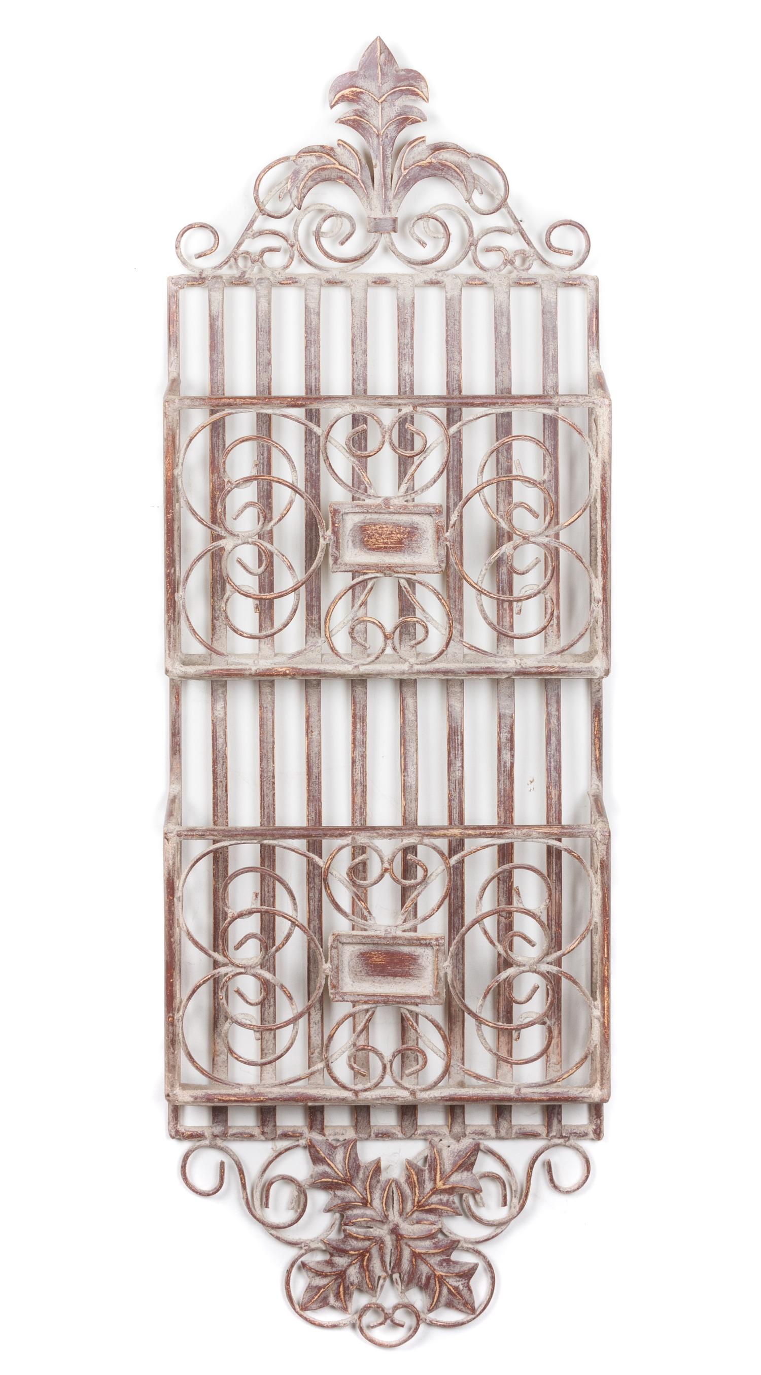 A Patinated Metal Two-Tier Wall Pocket Height 37 inches.