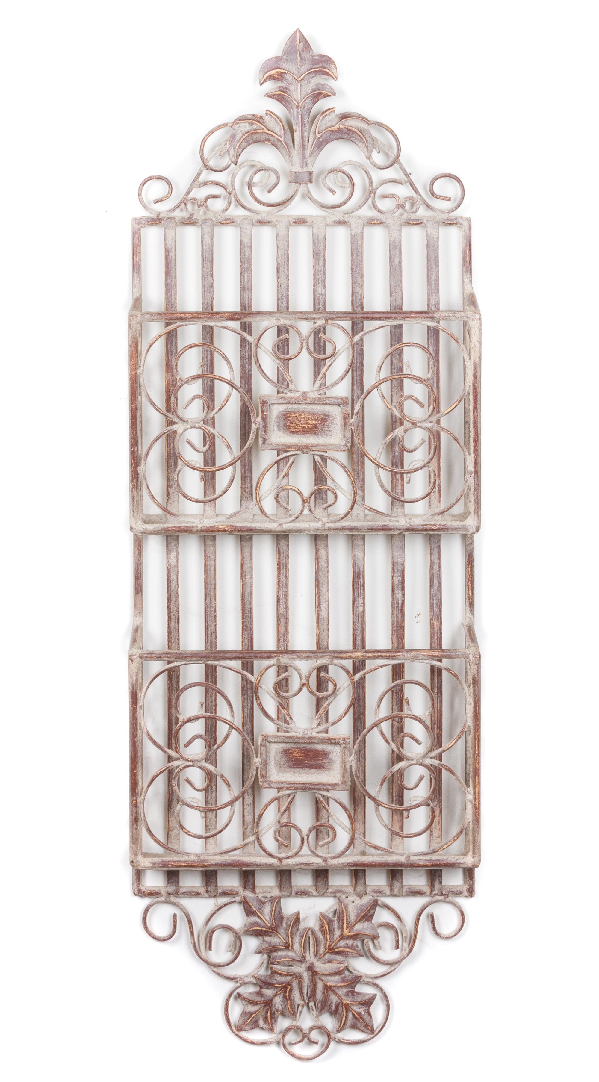 A Patinated Metal Two-Tier Wall Pocket Height 37 inches.