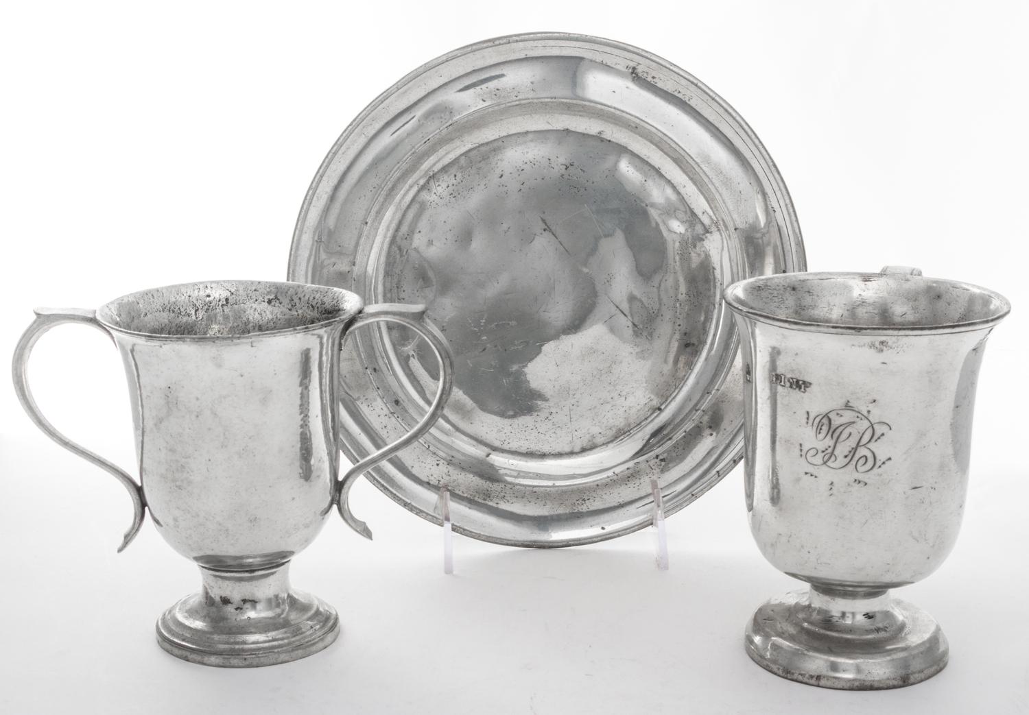 A Collection of Three Pewter Articles Diameter of dish 9 inches. — 18TH CENTURY AND LATER