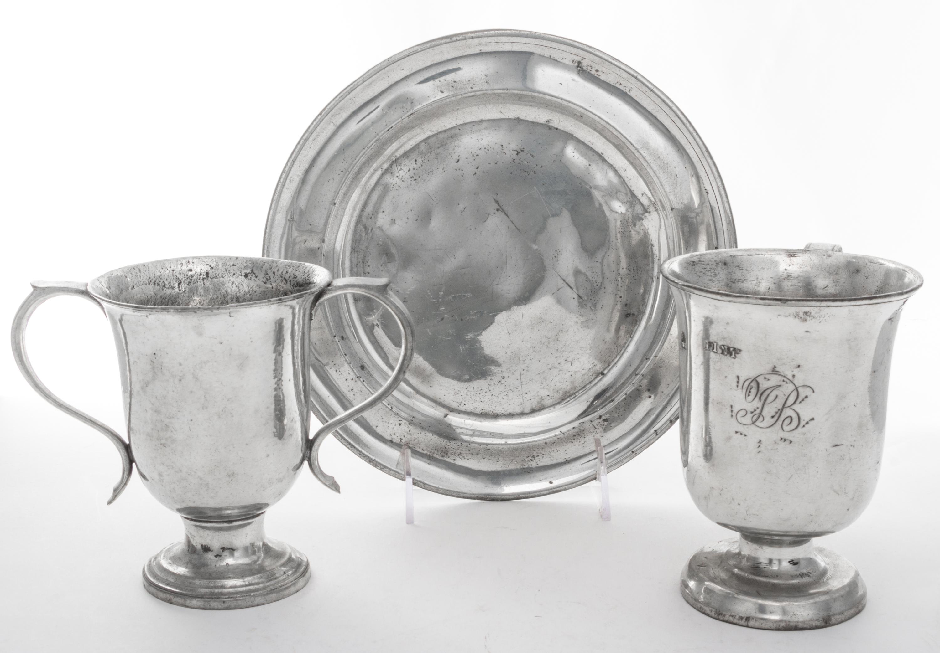 A Collection of Three Pewter Articles Diameter of dish 9 inches. — 18TH CENTURY AND LATER