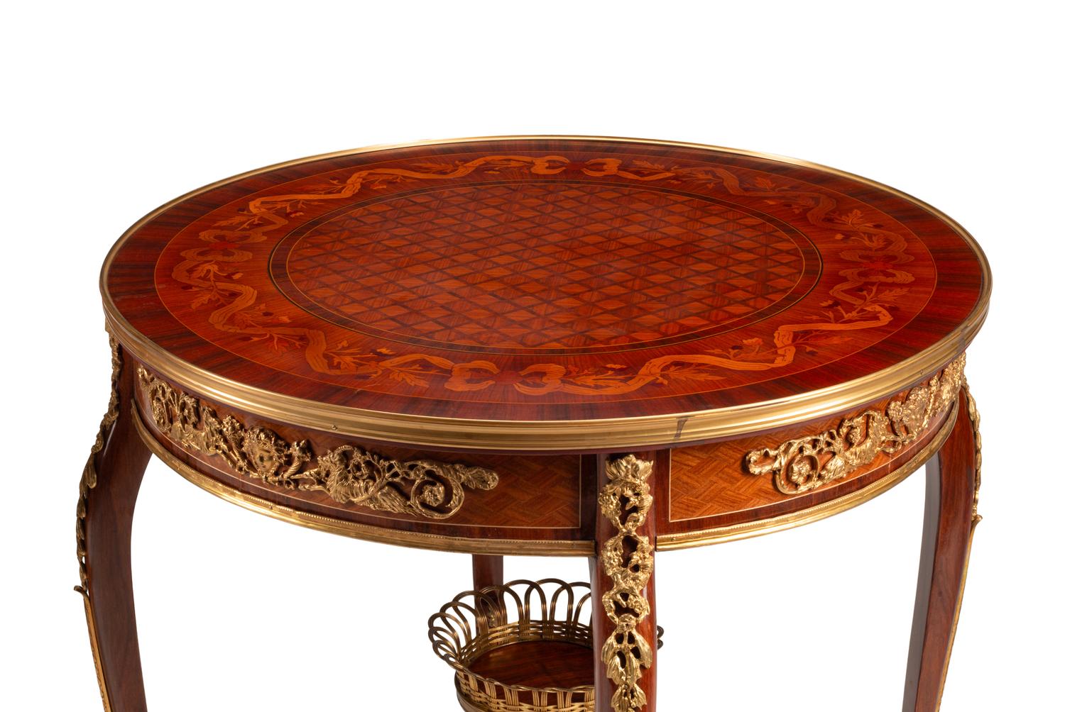 A Pair of Louis XV Style Gilt Bronze Mounted Marquetry Side Tables