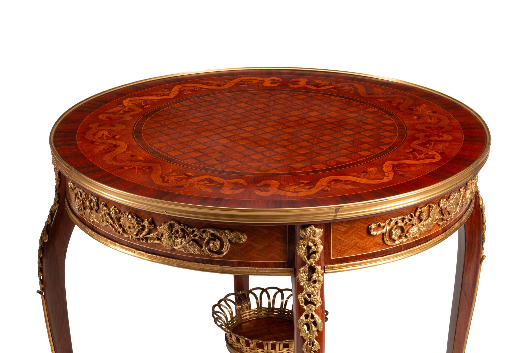 A Pair of Louis XV Style Gilt Bronze Mounted Marquetry Side Tables