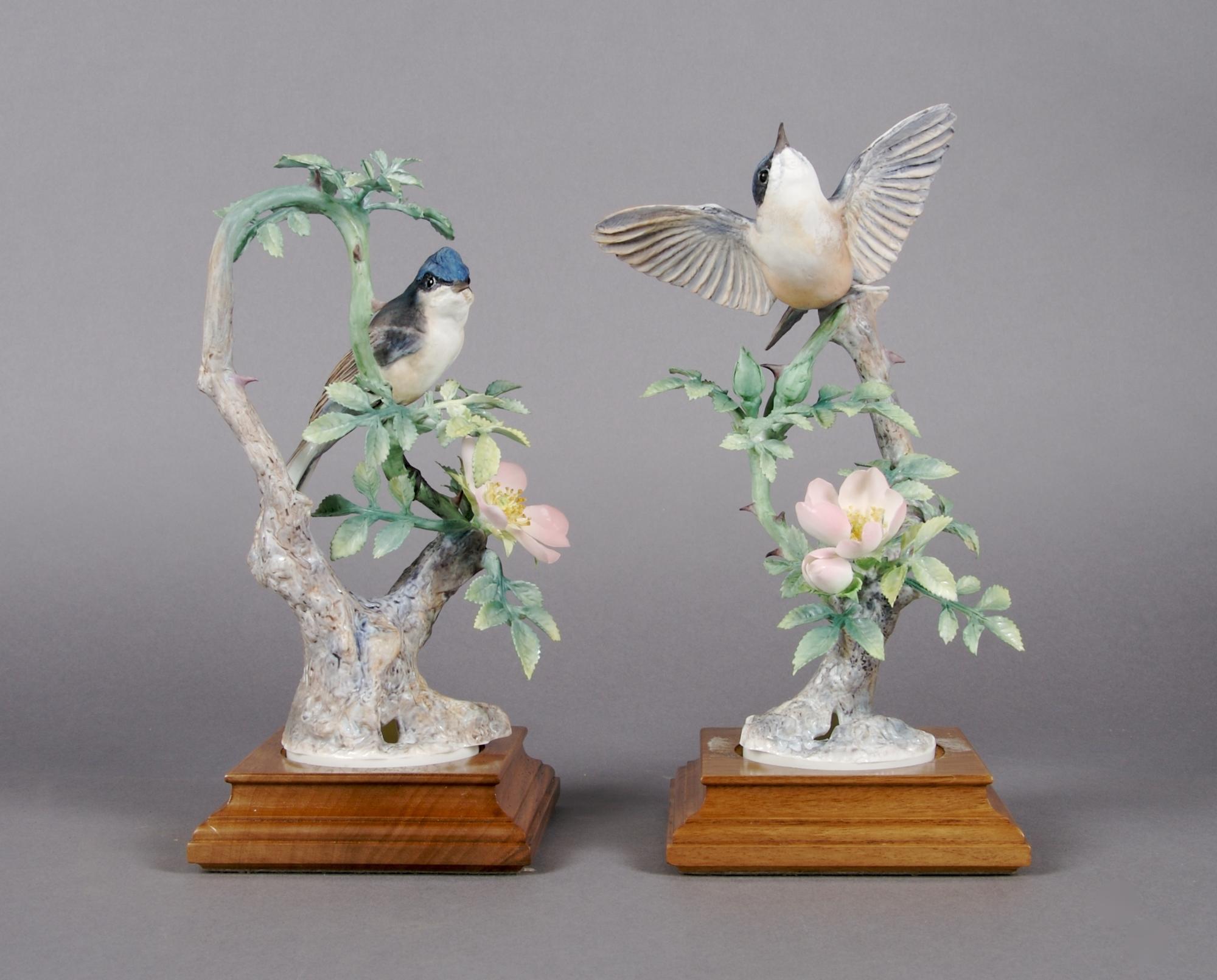 A Pair of Royal Worcester Dorothy Doughty Birds, Lesser Whitethroat, Height 10 inches.