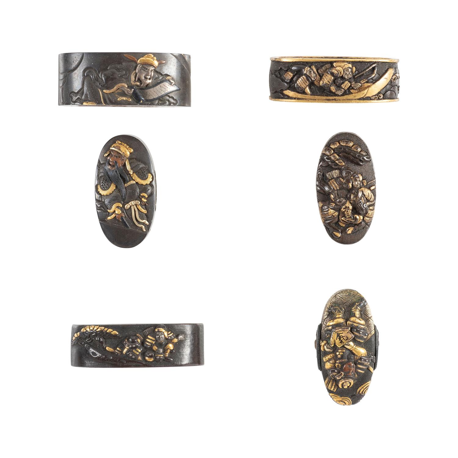 Lot of Three Fuchi and Kashira Sets with Shakudo Warrior Motifs