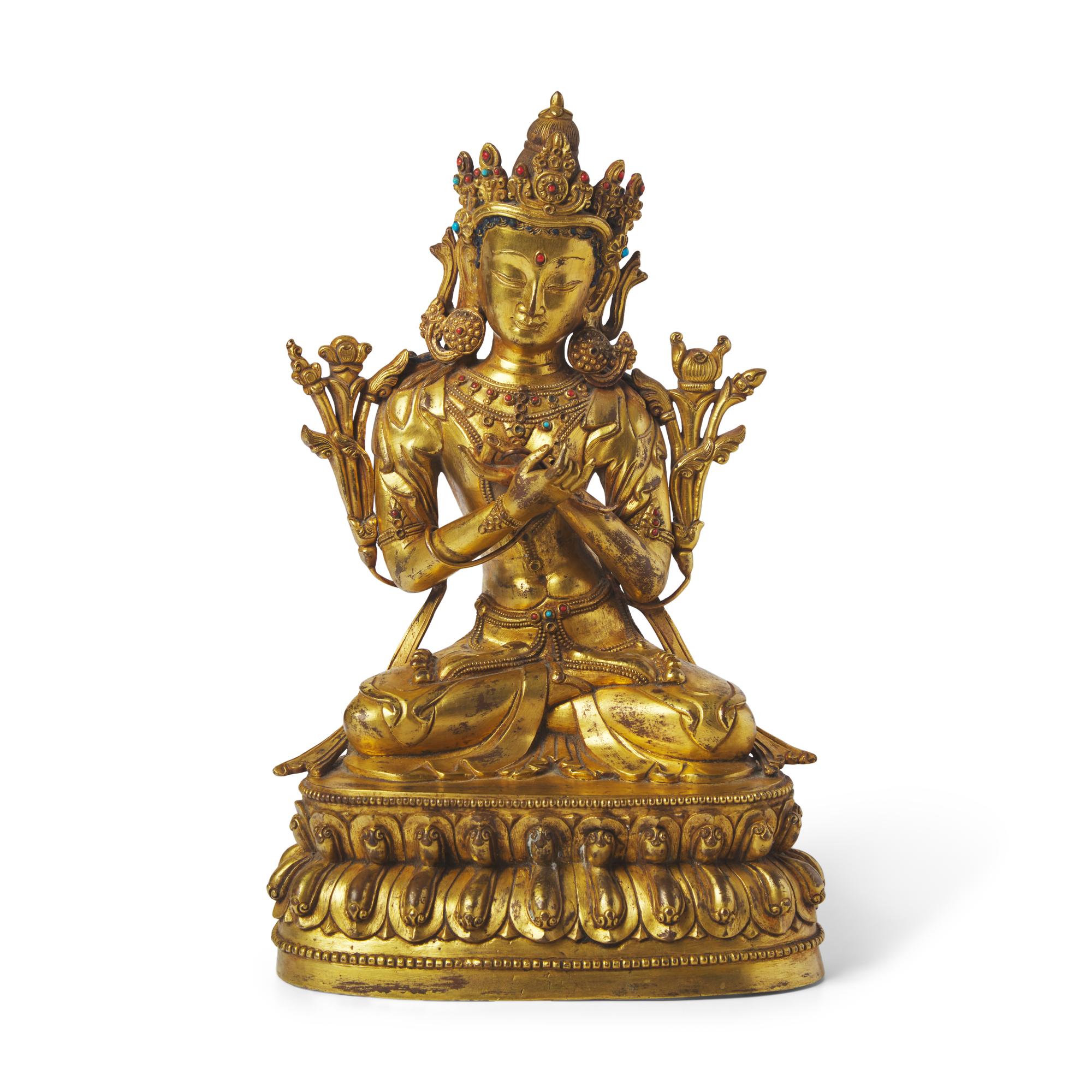 A Sino-Tibetan Gilt Bronze Figure of Avalokiteshvara, 19th/20th Century 十九/二十世紀 藏傳 銅 鎏金菩薩
