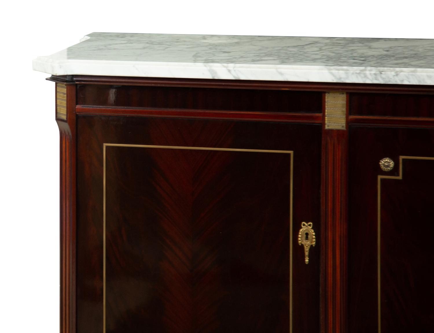 A Louis XVI Style Mahogany Marble-Top Console Cabinet