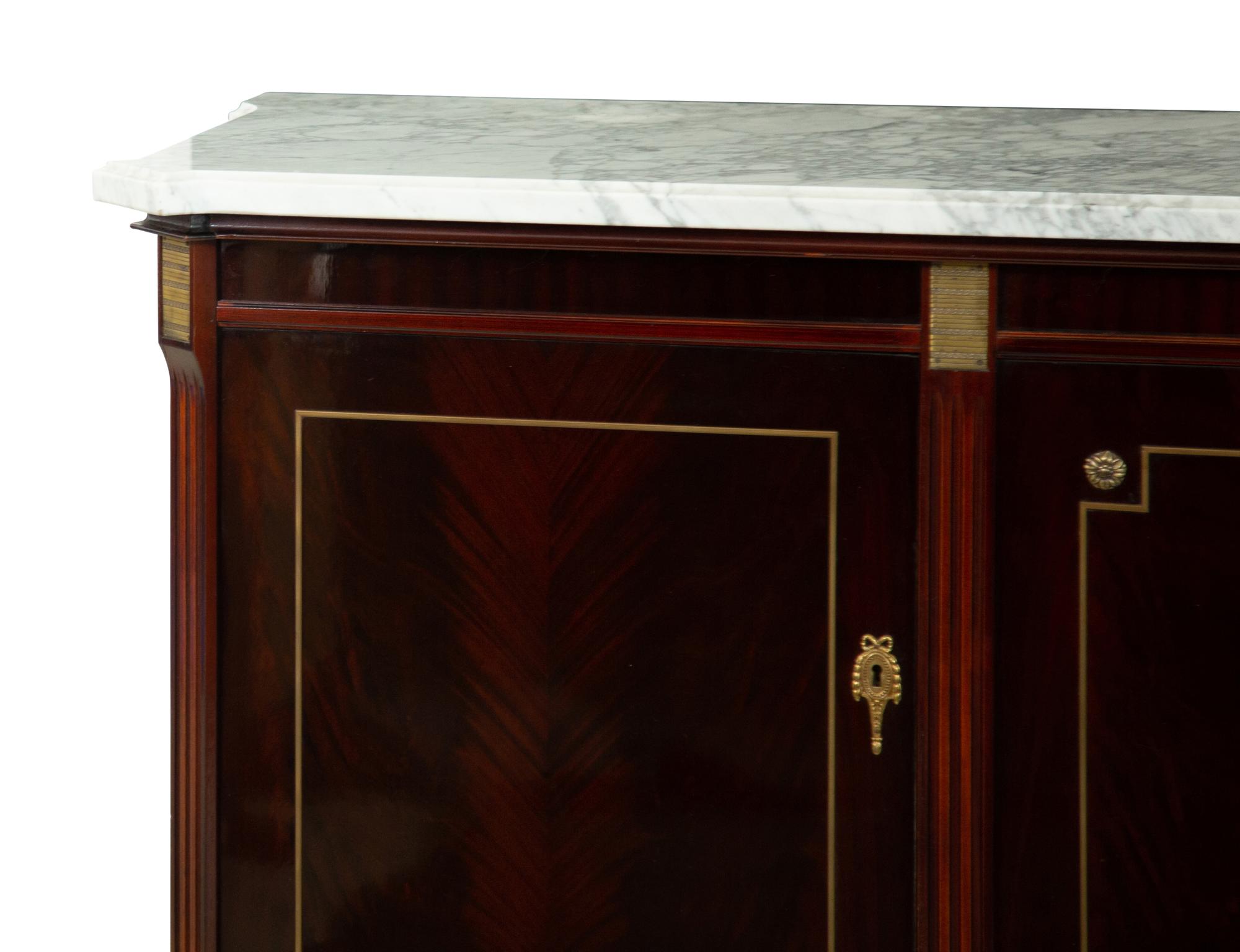A Louis XVI Style Mahogany Marble-Top Console Cabinet