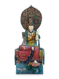 A Large Polychromed Wood Figure of Seated Guanyin