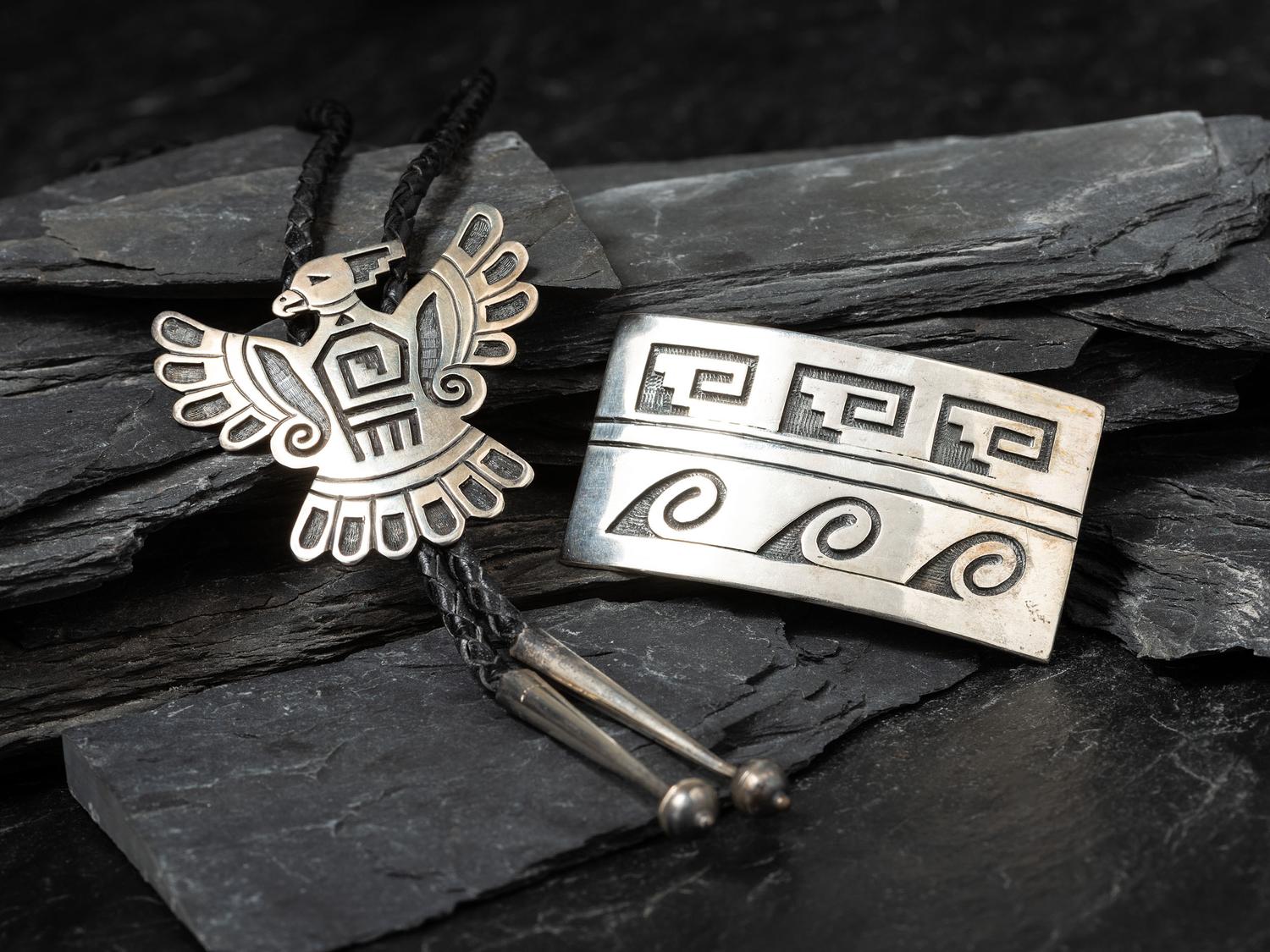 Silver Overlay Belt Buckle and Bolo Tie