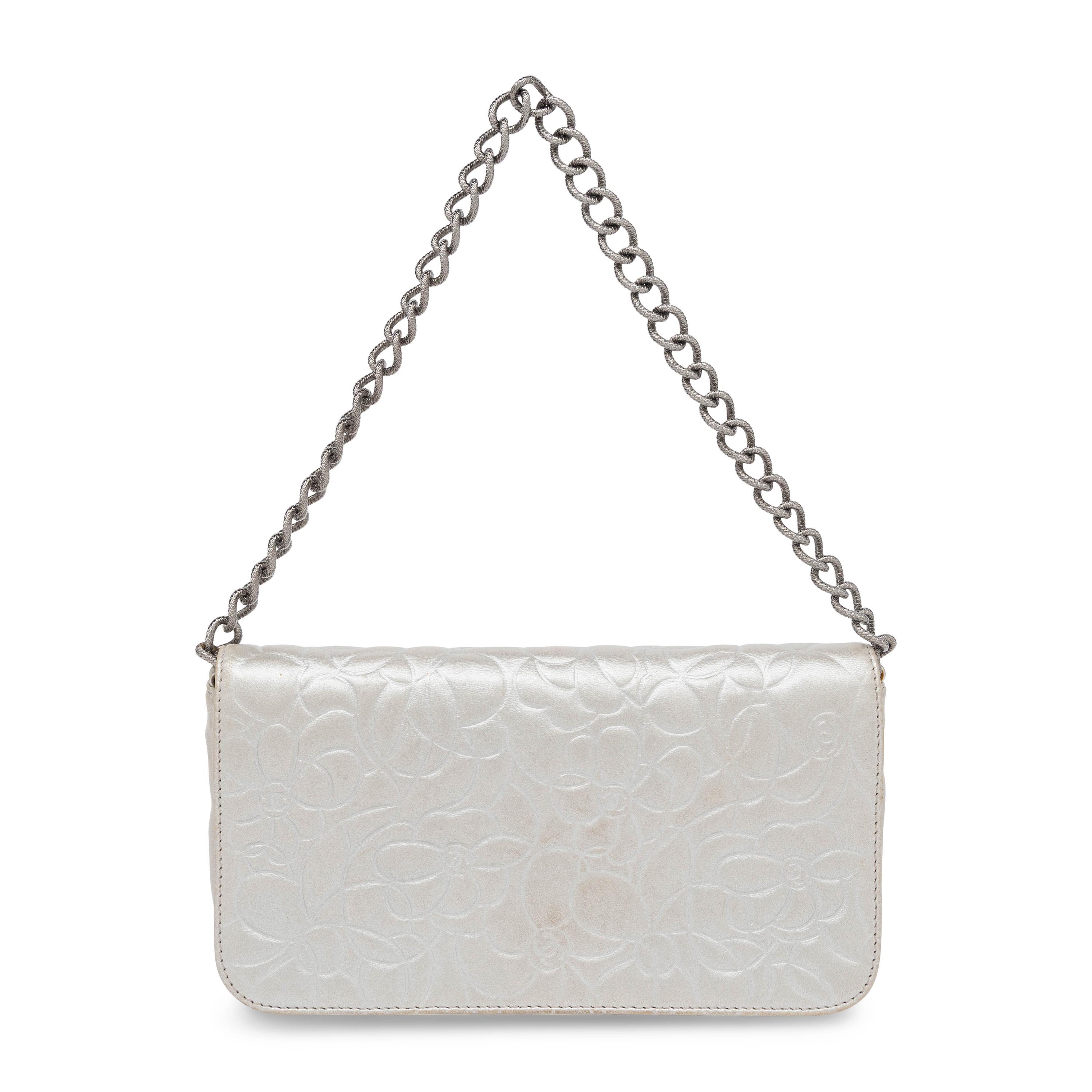 Chanel, Flap Bag in Camellia-Embossed Silver Leather
