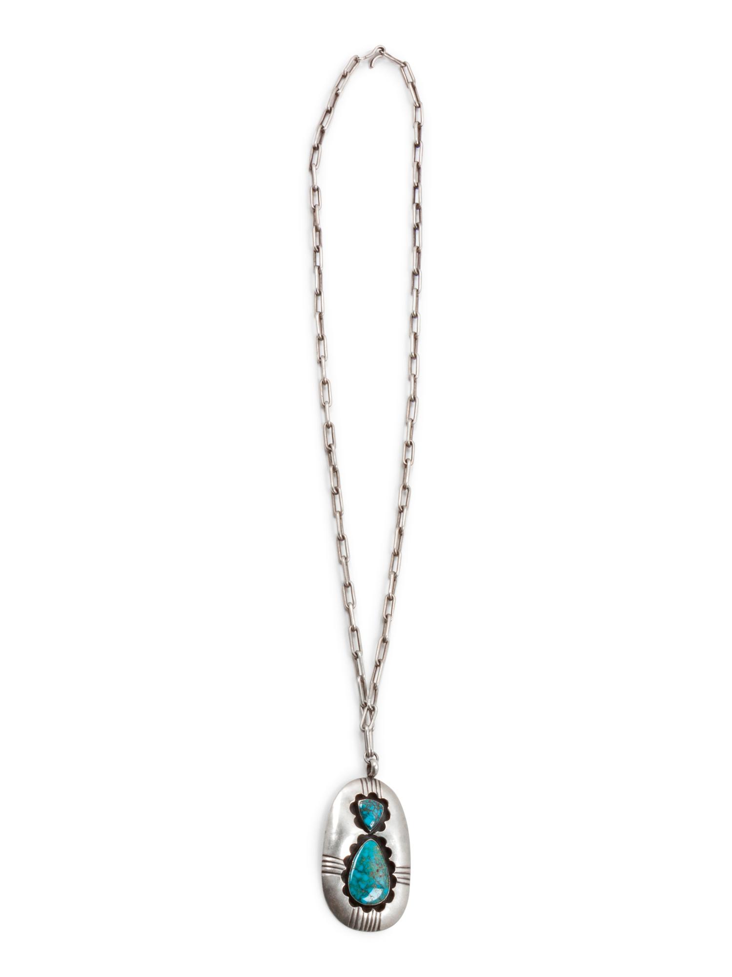 Native American Silver and Turquoise Shadowbox Pendant on Chain