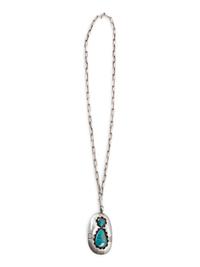 Native American Silver and Turquoise Shadowbox Pendant on Chain