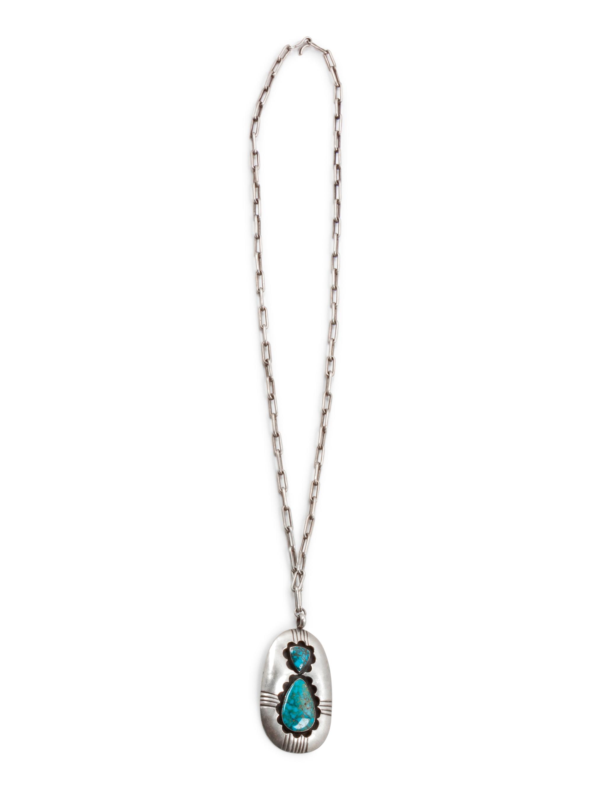 Native American Silver and Turquoise Shadowbox Pendant on Chain