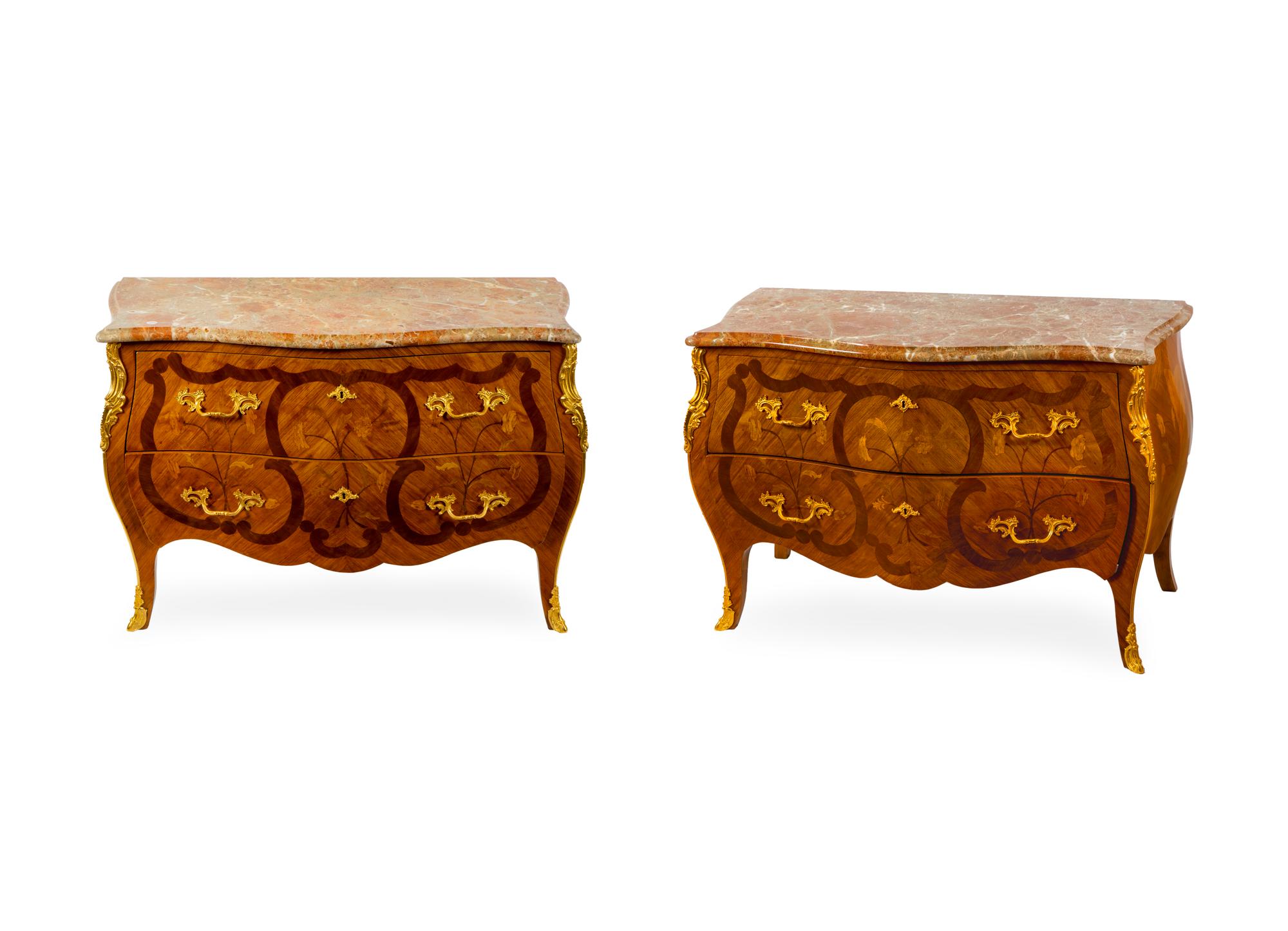 A Pair of Louis XV Style Gilt Bronze Mounted Tulipwood and Marquetry Commodes — 19TH CENTURY