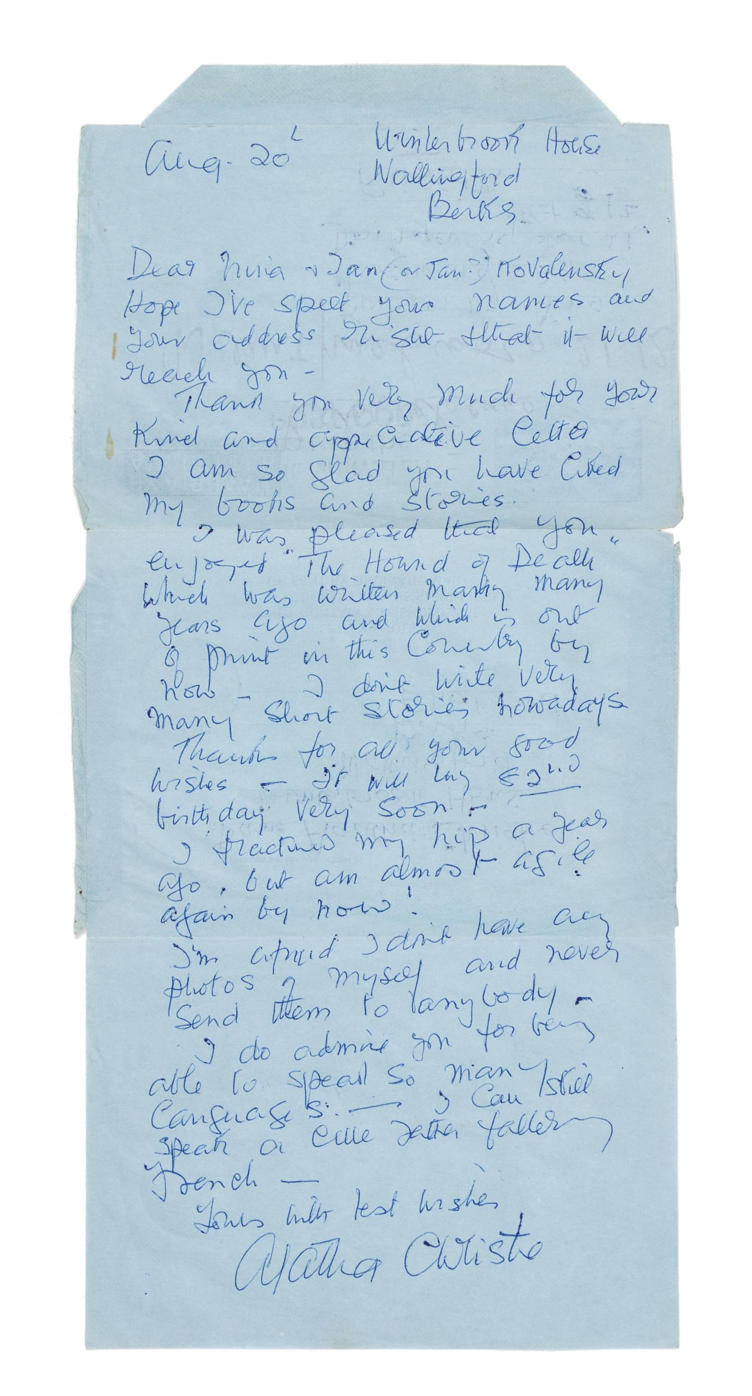CHRISTIE, Agatha. Autographed letter signed ("Agatha Christie"), Winterbrook House, Wallingford, Berkshire, 20 August 1972.