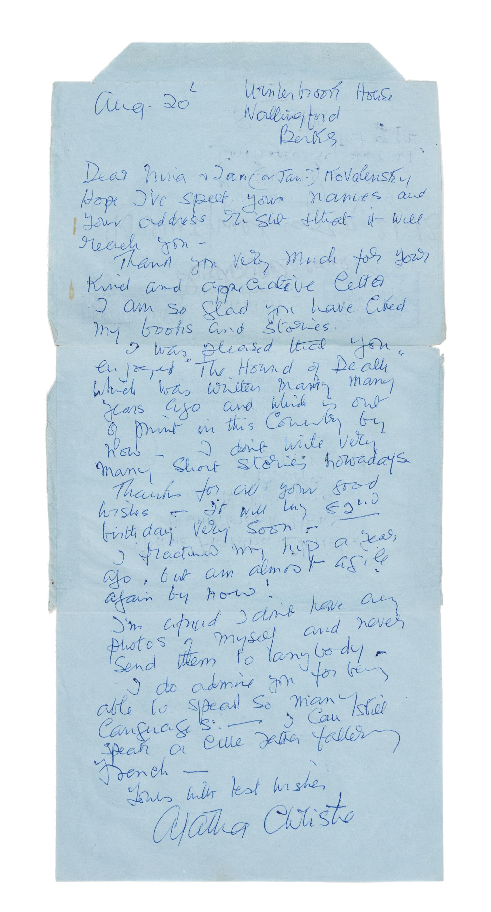 CHRISTIE, Agatha. Autographed letter signed ("Agatha Christie"), Winterbrook House, Wallingford, Berkshire, 20 August 1972.