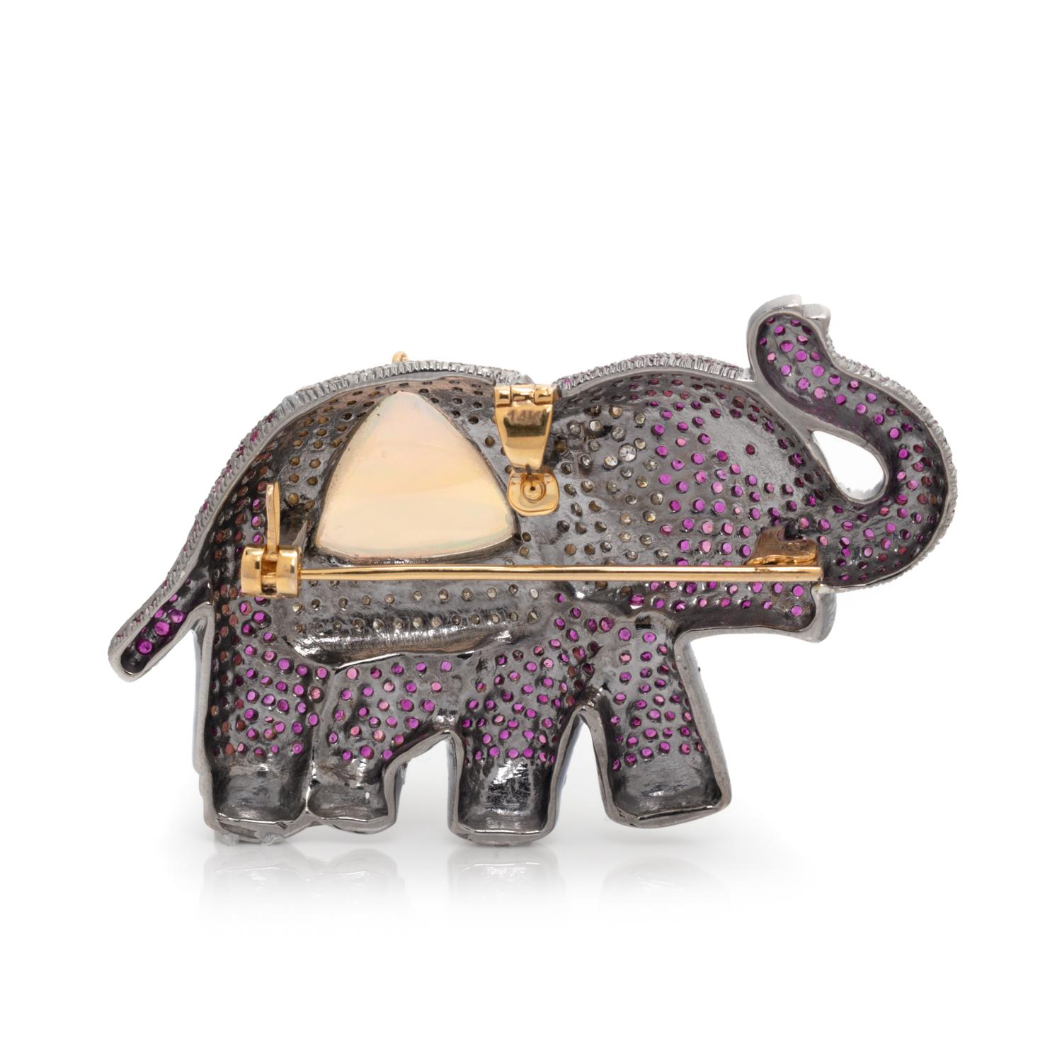 OPAL, RUBY AND DIAMOND ELEPHANT PENDANT/BROOCH