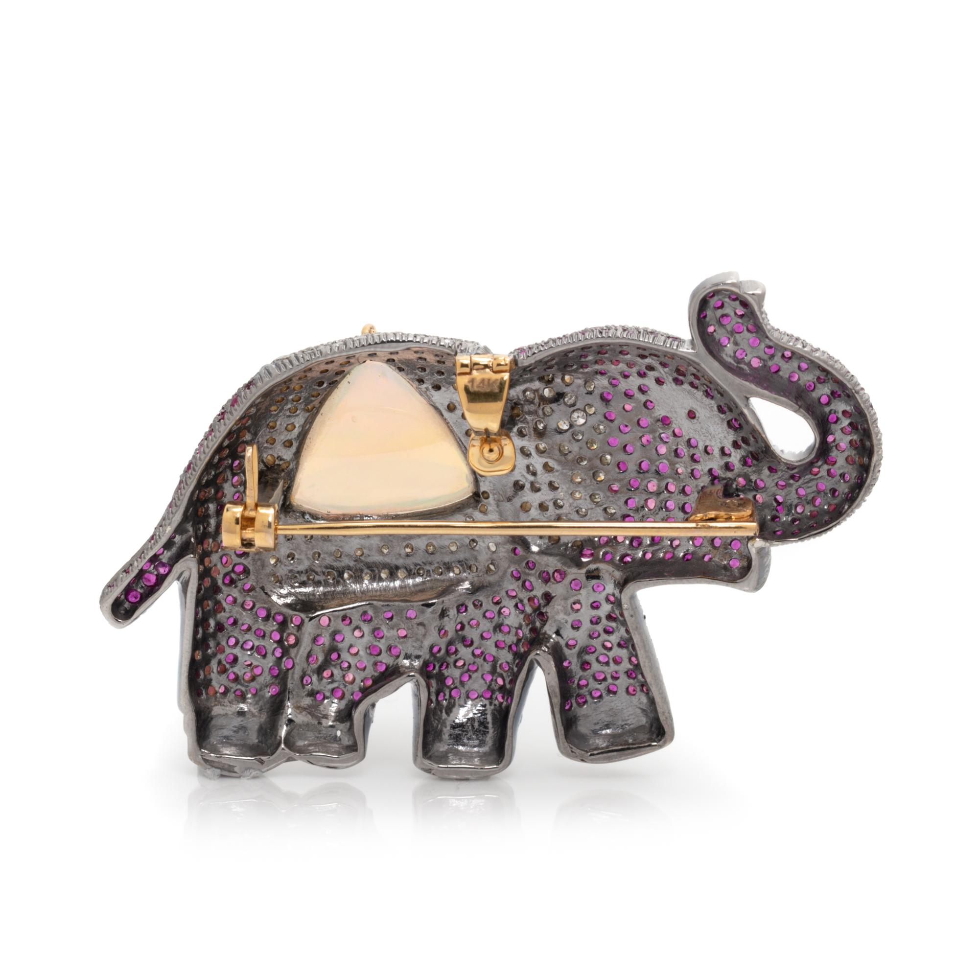 OPAL, RUBY AND DIAMOND ELEPHANT PENDANT/BROOCH