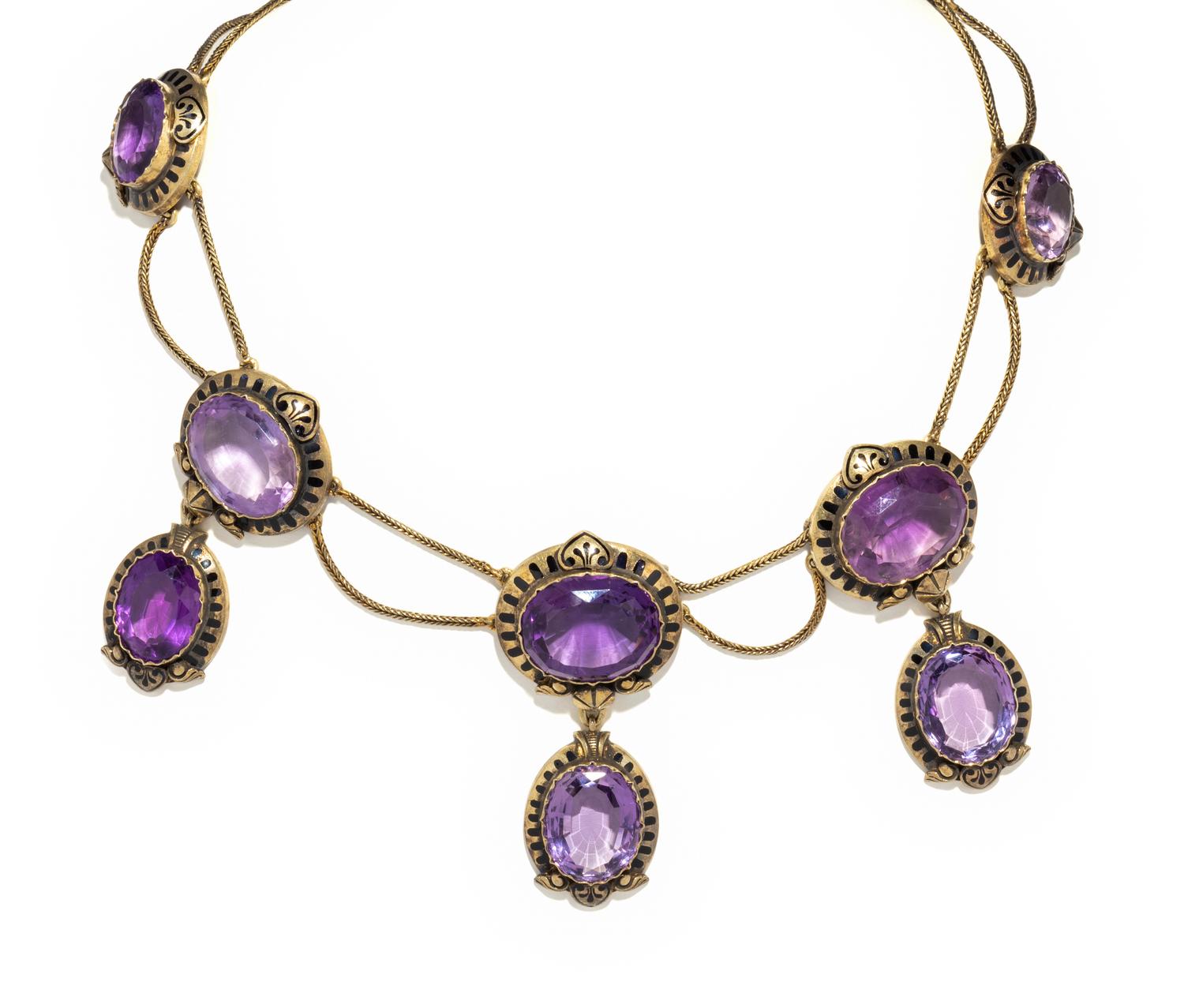 ANTIQUE, AMETHYST AND BLACK ENAMEL NECKLACE