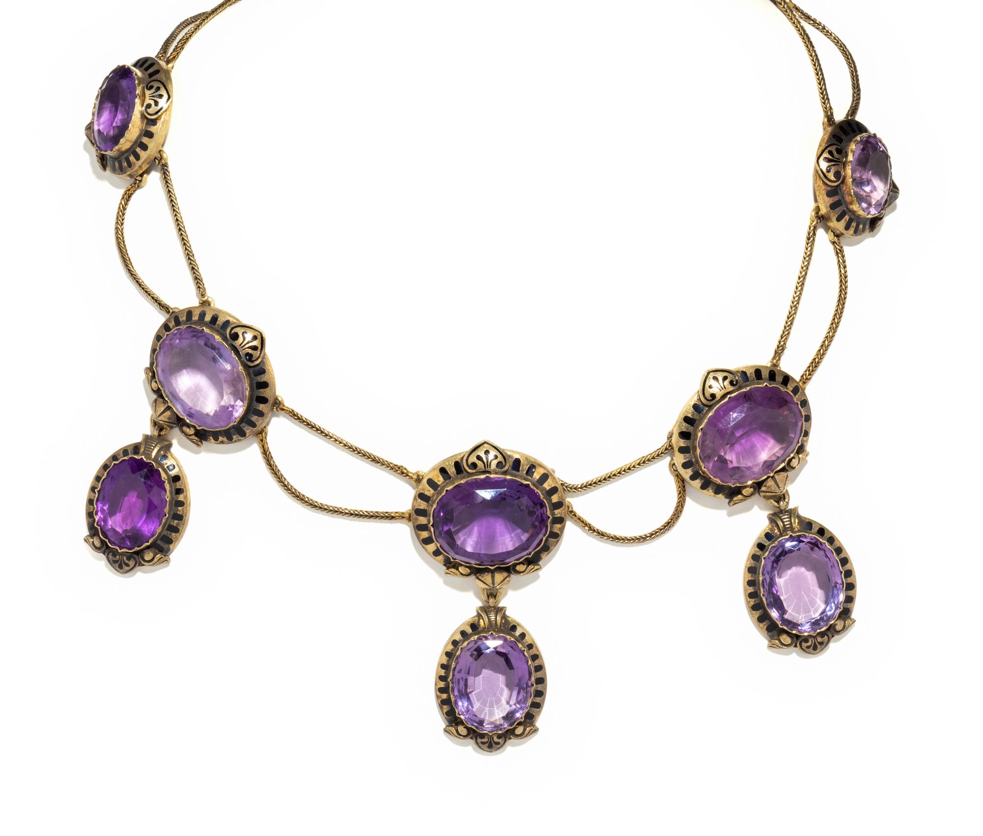 ANTIQUE, AMETHYST AND BLACK ENAMEL NECKLACE
