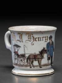 An Unusual Porcelain Occupational Shaving Mug Depicting a One-Legged Man