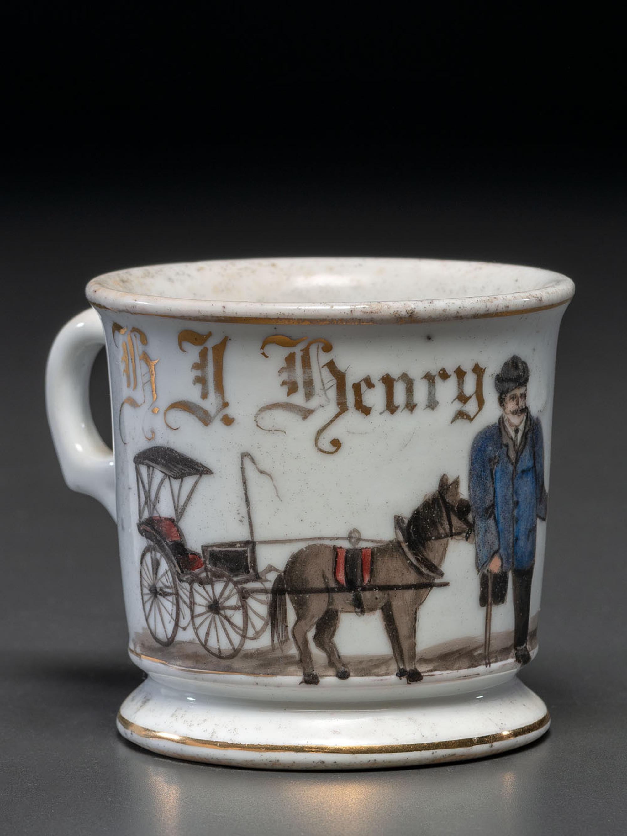 An Unusual Porcelain Occupational Shaving Mug Depicting a One-Legged Man