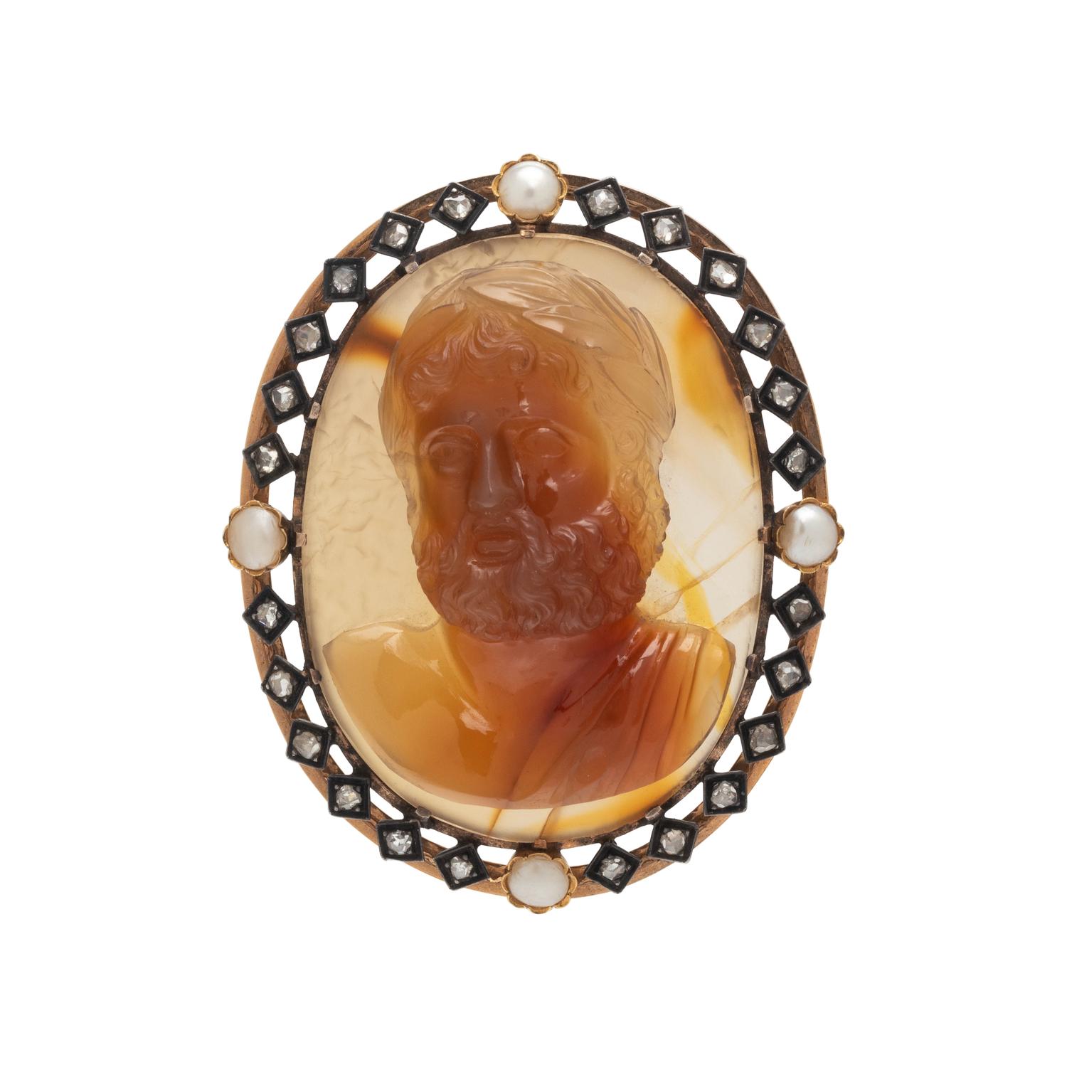 ANTIQUE, AGATE CAMEO, DIAMOND AND PEARL PENDANT/BROOCH