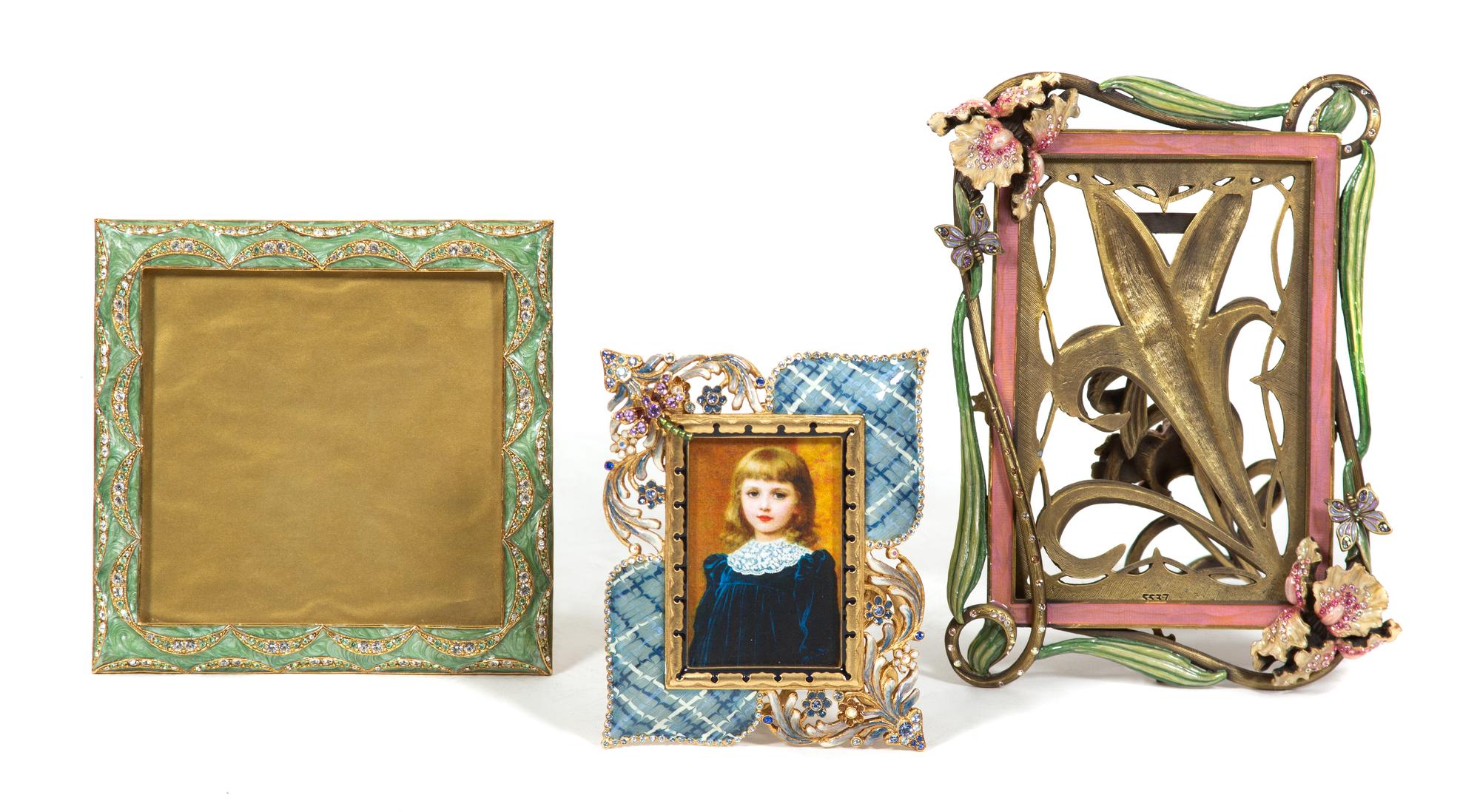 A Group of Three Jay Strongwater Jeweled and Enameled Easel Back Picture Frames Height of largest 8 1/8 x width 6 1/4 inches. — 20TH CENTURY