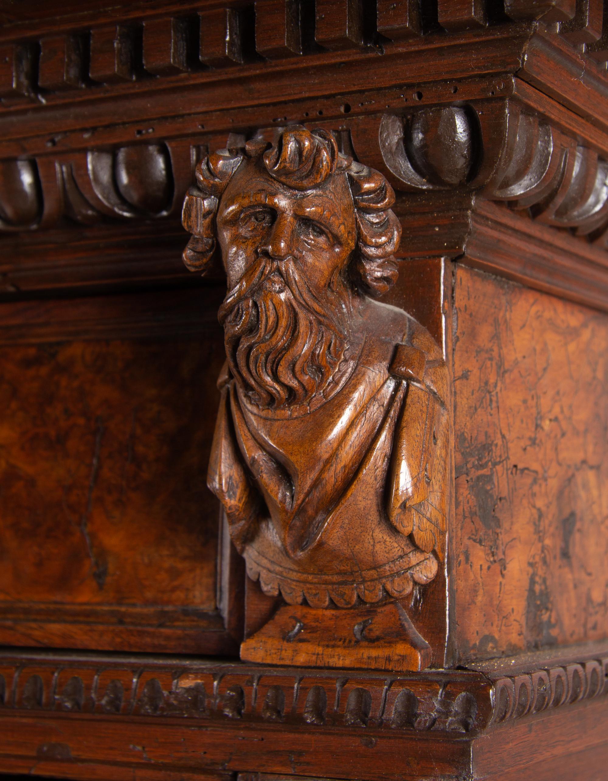 An Italian Baroque Style Carved Walnut and Burl Walnut Fall-Front Bureau Cabinet