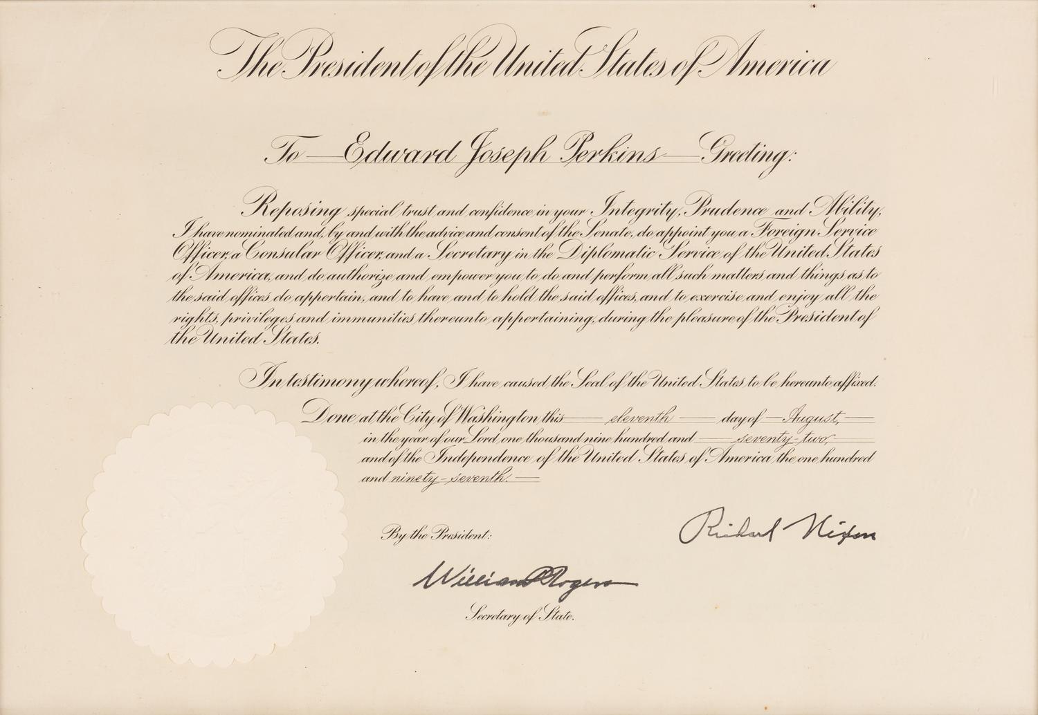 [PERKINS, Edward Joseph (1928-2020)]. A group of 9 documents or photographs by Presidents Nixon, Reagan, or Bush to Perkins, presumably with secretarial or facsimile signatures, including: