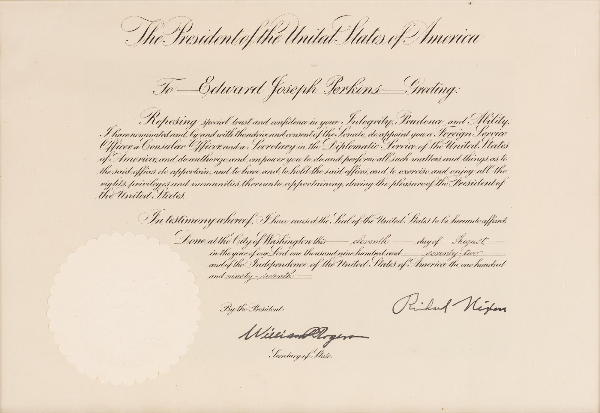 [PERKINS, Edward Joseph (1928-2020)]. A group of 9 documents or photographs by Presidents Nixon, Reagan, or Bush to Perkins, presumably with secretarial or facsimile signatures, including: