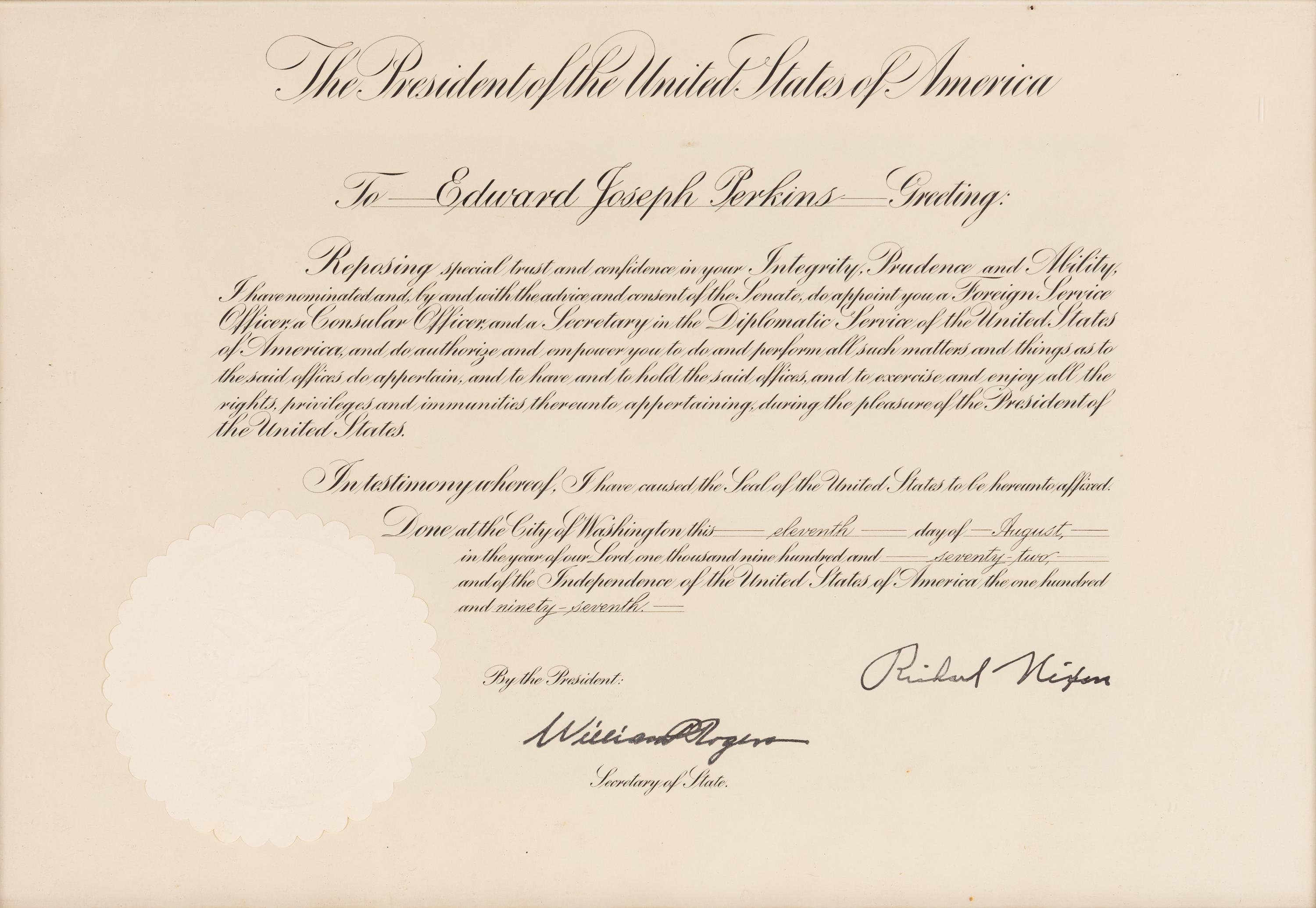 [PERKINS, Edward Joseph (1928-2020)]. A group of 9 documents or photographs by Presidents Nixon, Reagan, or Bush to Perkins, presumably with secretarial or facsimile signatures, including: