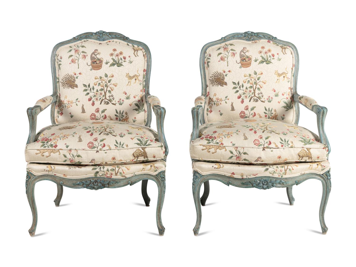 A Pair of Louis XV Style Painted Fauteuils