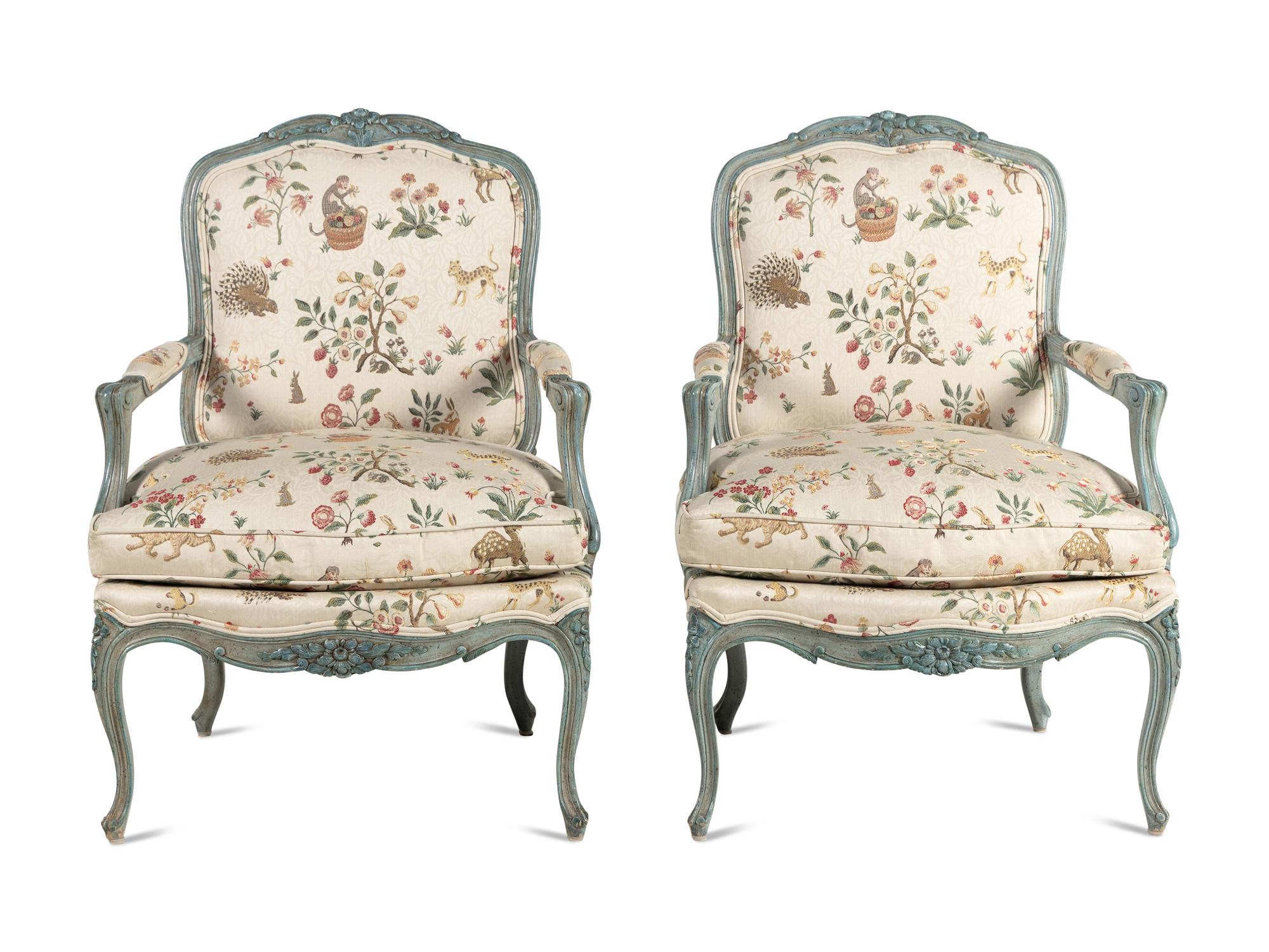 A Pair of Louis XV Style Painted Fauteuils