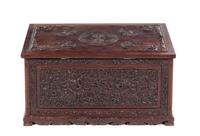 A Chinese Relief Carved Hardwood Chest 19TH CENTURY Height 13 3/4 x width 27 5/8 x depth 17 1/4 inches. — 19TH CENTURY