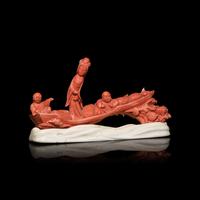 A Chinese Red Coral Carving of a Lady and Two Boys, 19th Century 清晚期 珊瑚雕仙女童子汎舟擺件